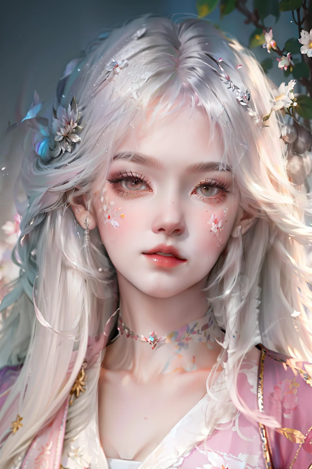8K masterpiece of excellence,Anime female,Cool wind realistic portrait,Sister,Silver-white long-haired woman, long hair, light pink lips, calm and rational bangs, gray pupils,Flower background,The petals dance,exquisite facial features,floated hair