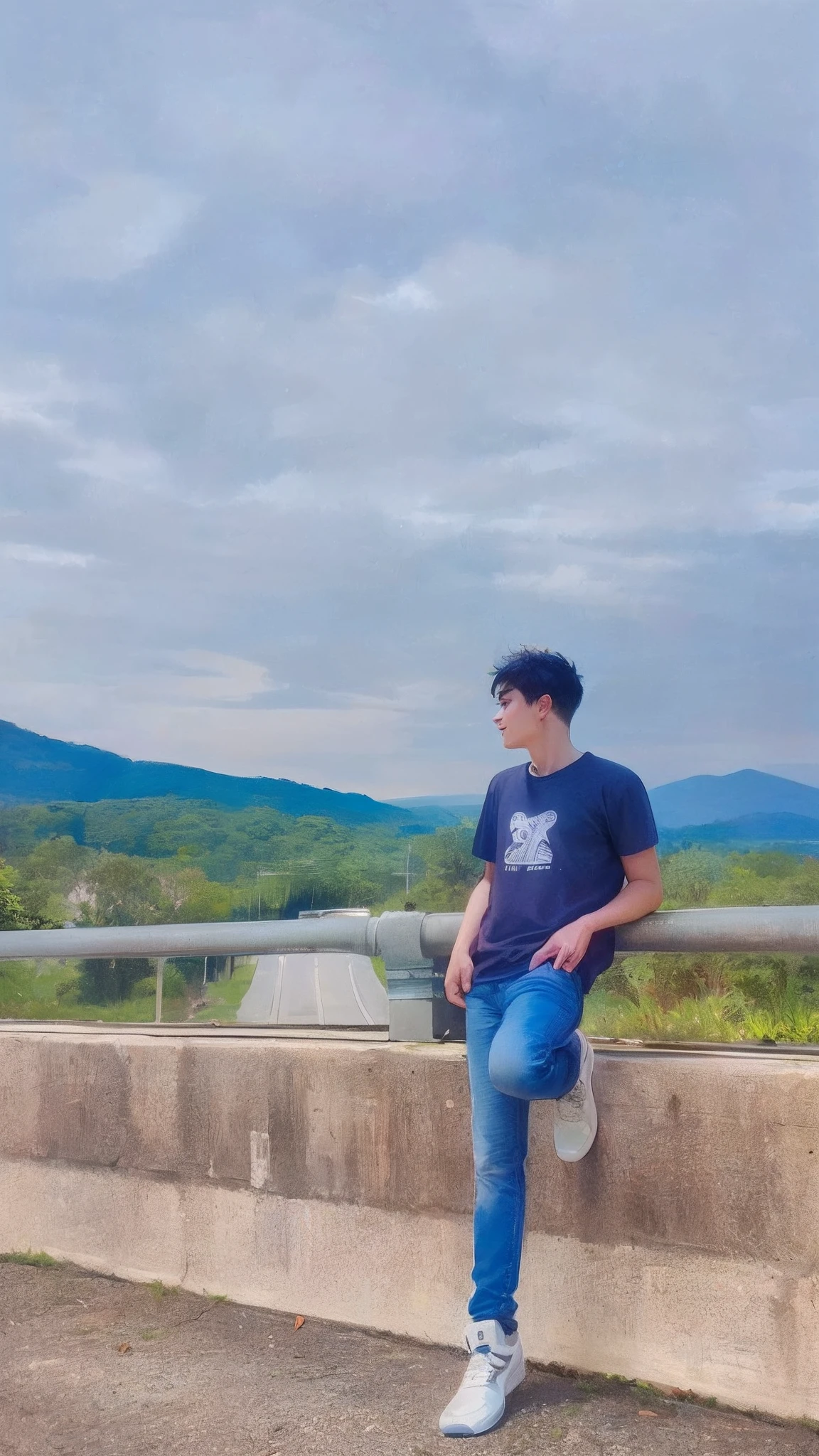 masterpiece, best quality, high quality, 1boy, solo, male focus, (lower his head:1.2), (cold light:1.2), (blue_eyes:1.2), (mullet:1.2), (black hair:1.2), (T-shirt:1.2), (hands behind his back:1.2)