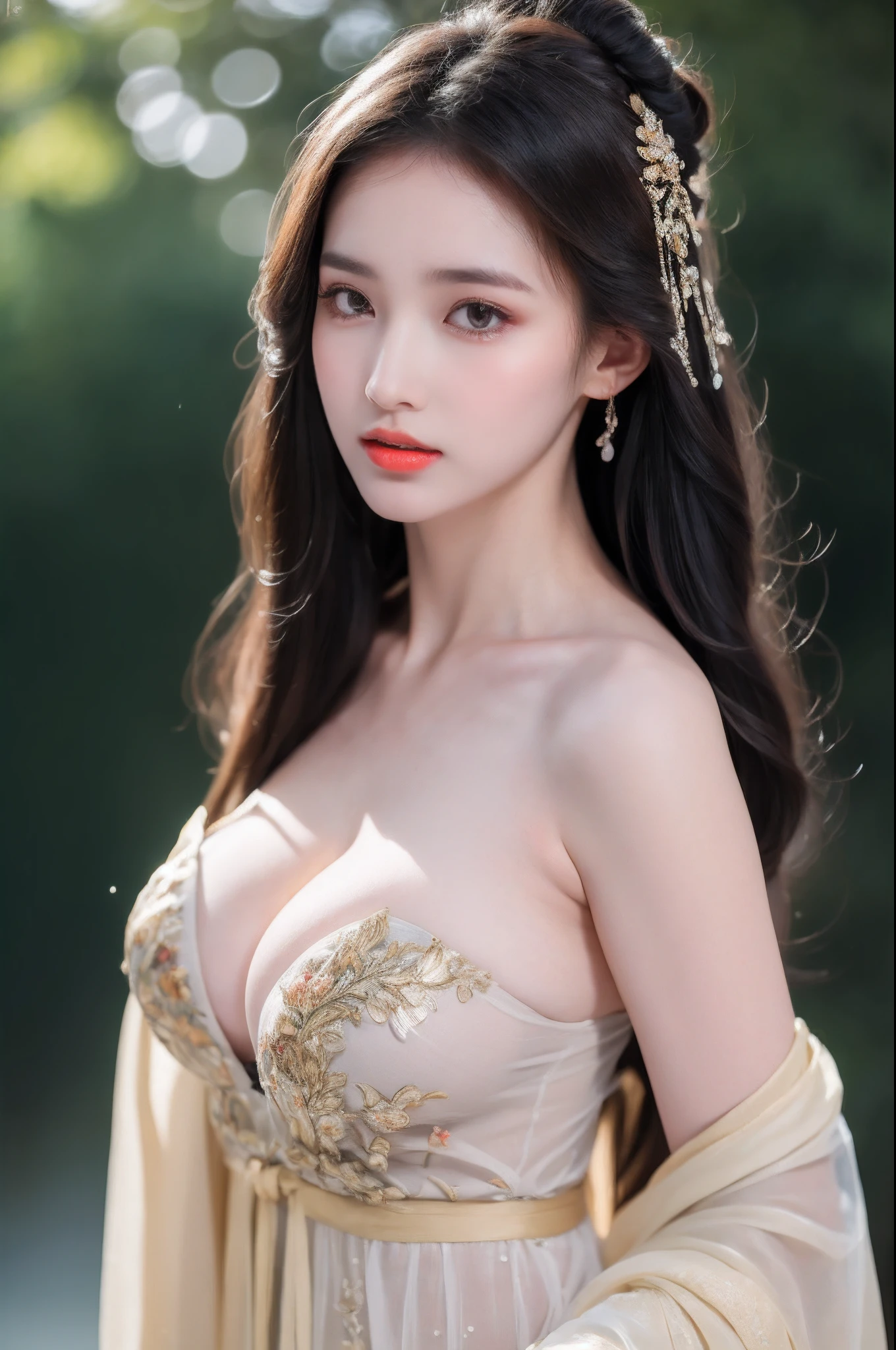 ((Best Quality, 8k, Masterpiece: 1.3)), Focus: 1.2, Perfect Body Beauty: 1.4, Buttocks: 1.2, ((Layered Haircut)), (Wet Clothes: 1.1), (Rain, Street:1.3), (Breasts: 1.2), (Hanfu: 1.2), Bare Shoulders, Bare Legs, Highly Detailed Face and Skin Texture, Fine Eyes, Double Eyelids, Whitened Skin, Long Hair, (Shut Up: 1.5), (Bokeh Background: 1.5), Big Breasts