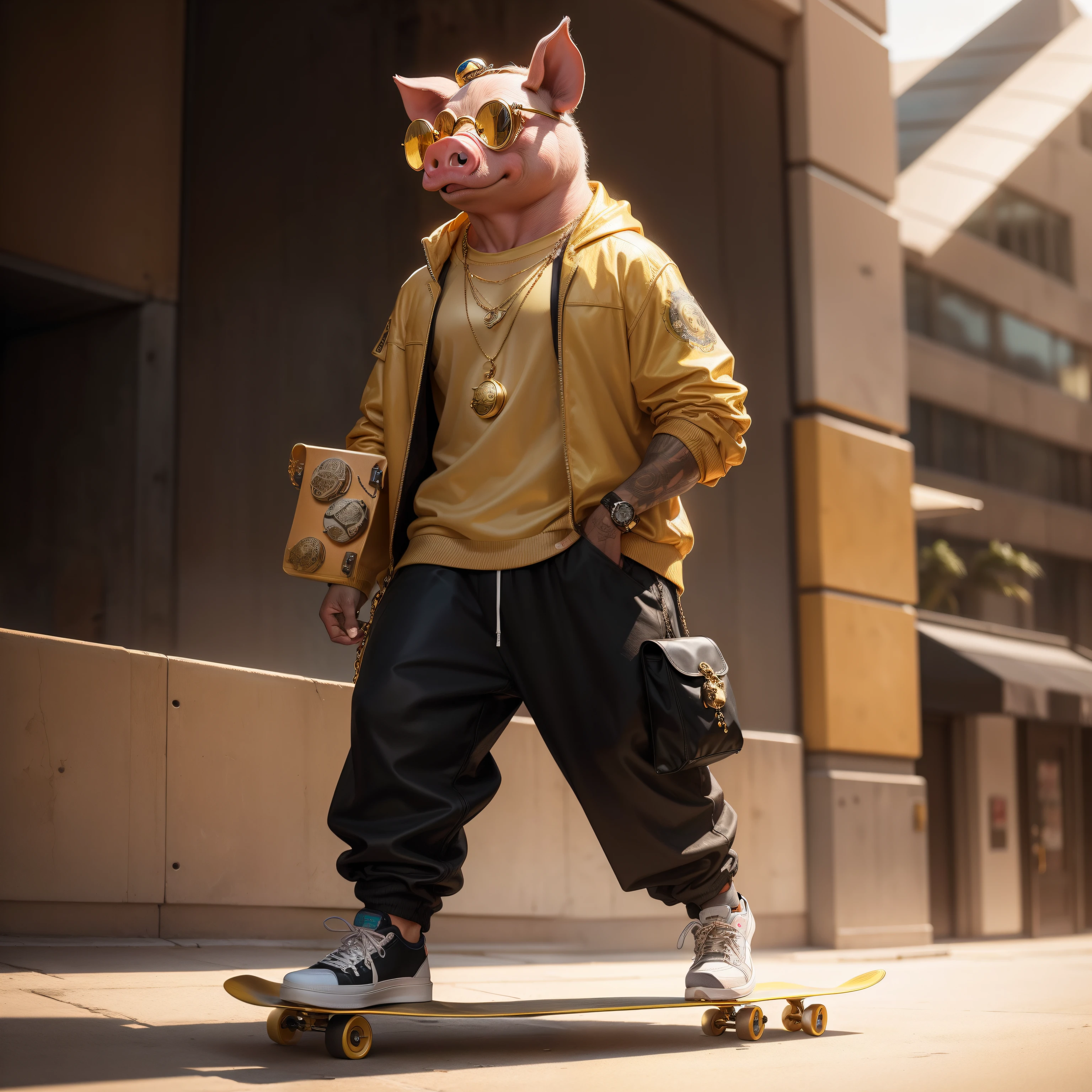 A pig,anthropomorphic turtle,Fashion clothing,Lunette de soleil,Necklace in rough gold,Modern edifice background,plays skateboards