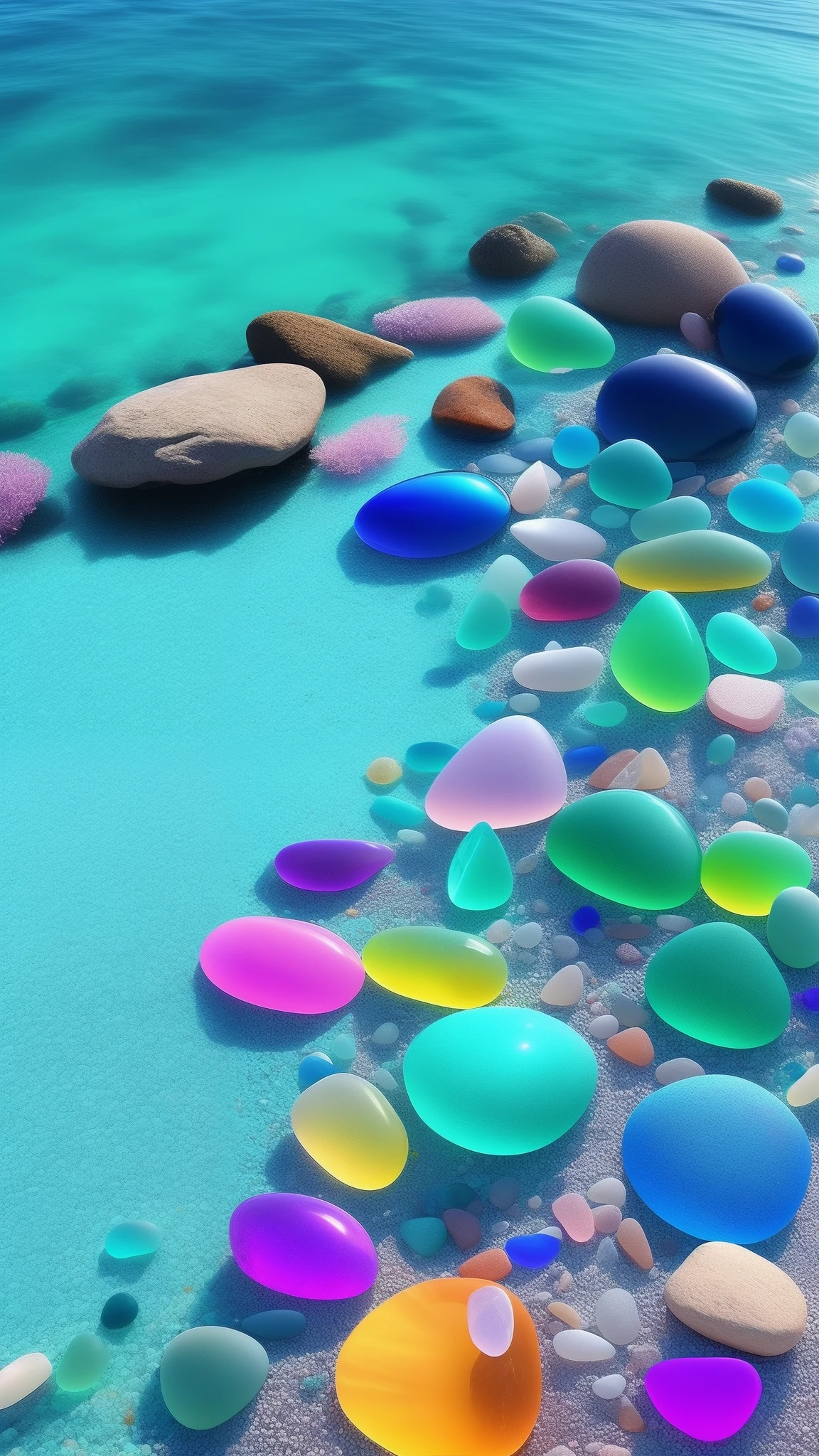 Beach close-up，There are a lot of stones and pebbles, Magical beach, Sea glass, Beautiful rainbow colors, Beautiful colors, beautiful opalescent colours, glistening seafoam, breathtaking colors, with beautiful colors, serene colors, startling colors, Beautiful!!!!!!!!!!!!, Water refraction!!, Beautiful crystals, Beautiful!!!!!!!!!, Stunning colors, sea like jelly --auto --s2