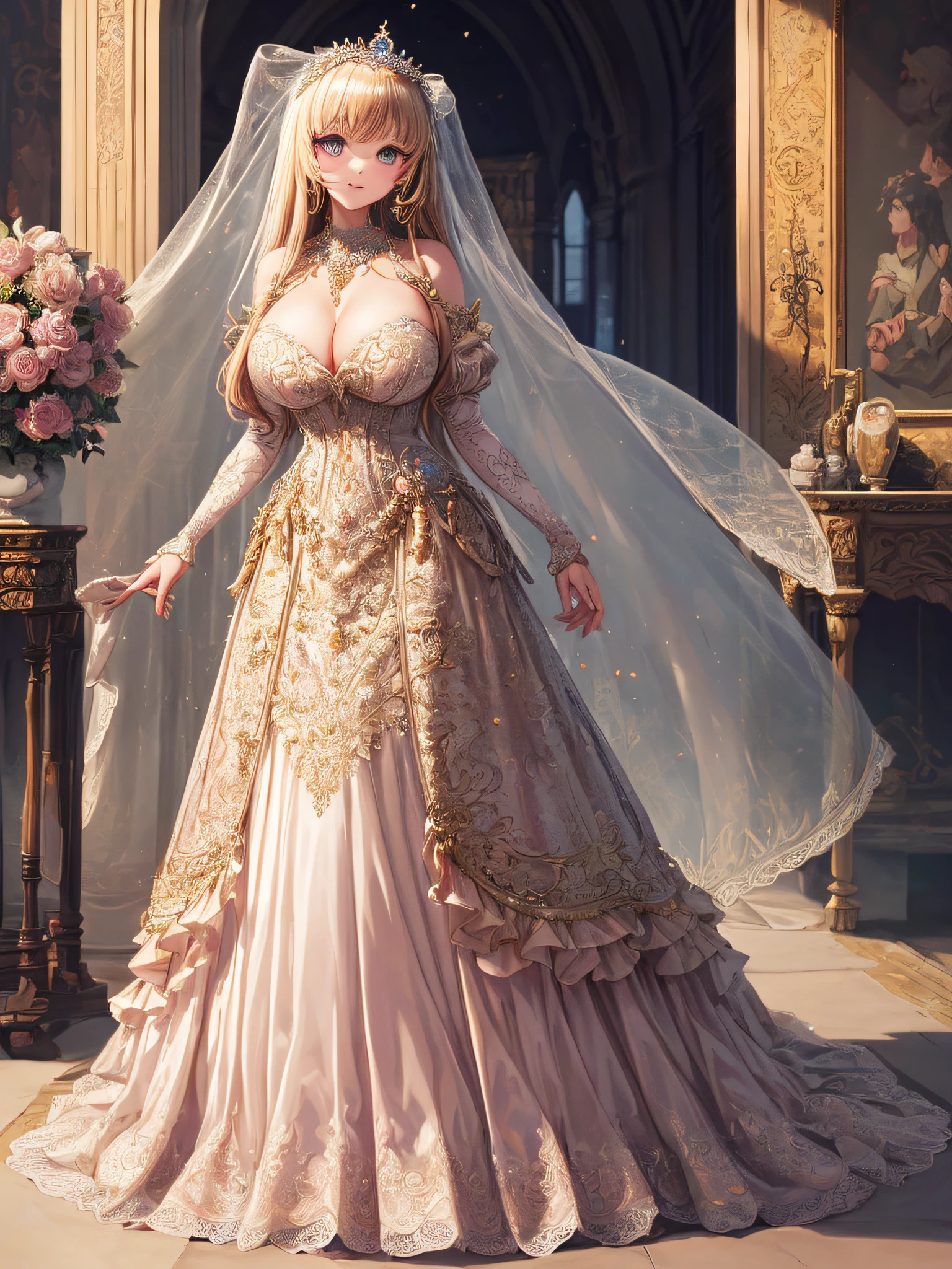 (masterpiece, best quality,extremely detailed,moe anime art style:1.2),1girl, (solo), cute, kawaii,digital art,((1 bling-bling anime princess wearing beautiful embroidery and jeweled gorgeous princess ballgown with voluminous full length hoop skirt)),((crinoline)),long train,voluminous frills,(gorgeous embroidery and beautiful lace),(very gigantic boobs,cleavage,skindentation),((shiny hair,absurdly voluminous straight hair,absurdly Long Hair)),((finely detailed face and eyes)),clear pupil,(bling-bling gorgeousfull jeweled big tiara),((bling-bling gorgeous gemstone jewelry)),long veil,((standing in beautiful luxury palace)),flowers,flower petals flowing,standing pose,(dynamic angle),((beautiful embroidery and jeweled gorgeous princess ballgown with voluminous full length hoop skirt))
