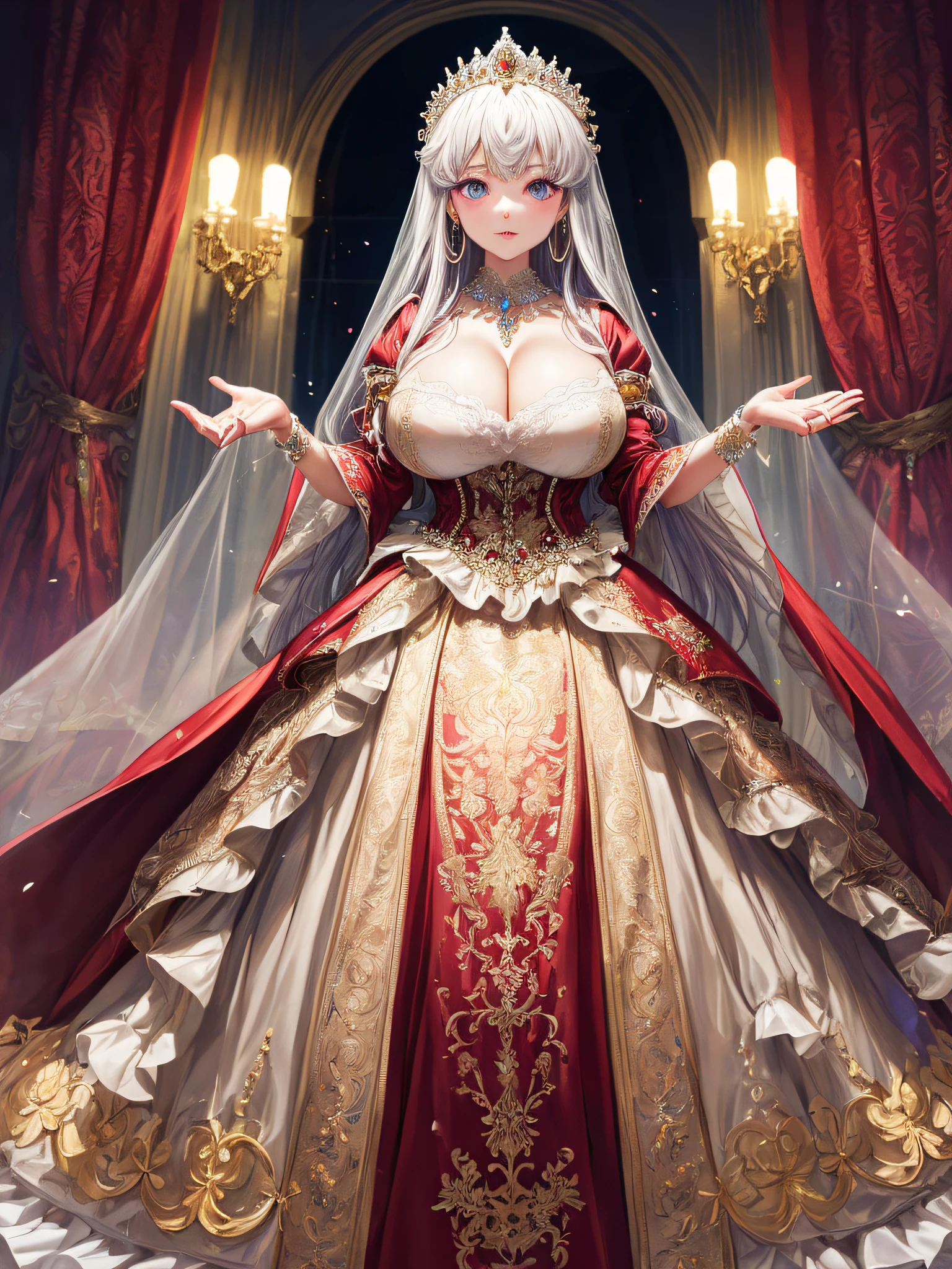 (masterpiece, best quality,extremely detailed,moe anime art style:1.2),1girl, (solo), cute, kawaii,digital art,((1 bling-bling anime princess wearing beautiful embroidery and jeweled gorgeous princess ballgown with voluminous full length hoop skirt)),((crinoline)),long train,voluminous frills,(gorgeous embroidery and beautiful lace),(very gigantic boobs,cleavage,skindentation),((shiny hair,absurdly voluminous straight hair,absurdly Long Hair)),((finely detailed face and eyes)),clear pupil,(bling-bling gorgeousfull jeweled big tiara),((bling-bling gorgeous gemstone jewelry)),long veil,((standing in beautiful luxury palace)),flowers,flower petals flowing,standing pose,(dynamic angle),((beautiful embroidery and jeweled gorgeous princess ballgown with voluminous full length hoop skirt))
