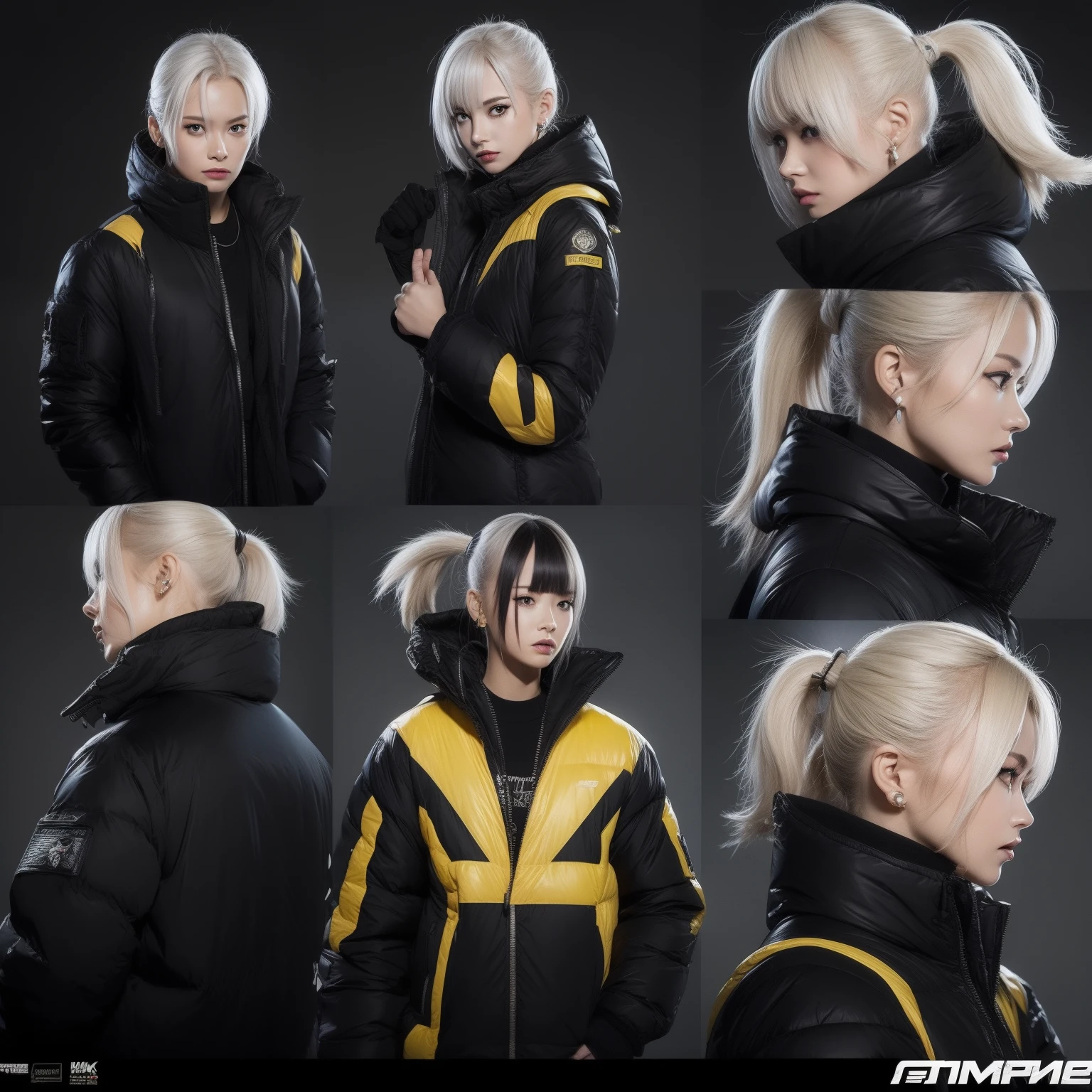 Black Themes,Masterpiece,Best quality,offcial art,Extremely detailed Cg Unity 8K wallpaper,1girll, joy, Anger and sadness on various expressions,Single ponytail hairstyle,Glowing fist,Mechanical headphones,(((Yellow combat uniform))),a black cloak,Hand-held laser metal weapons,White hair,character design,juesesheji,real photograph,tmasterpiece,best qualityer,HighestQuali,