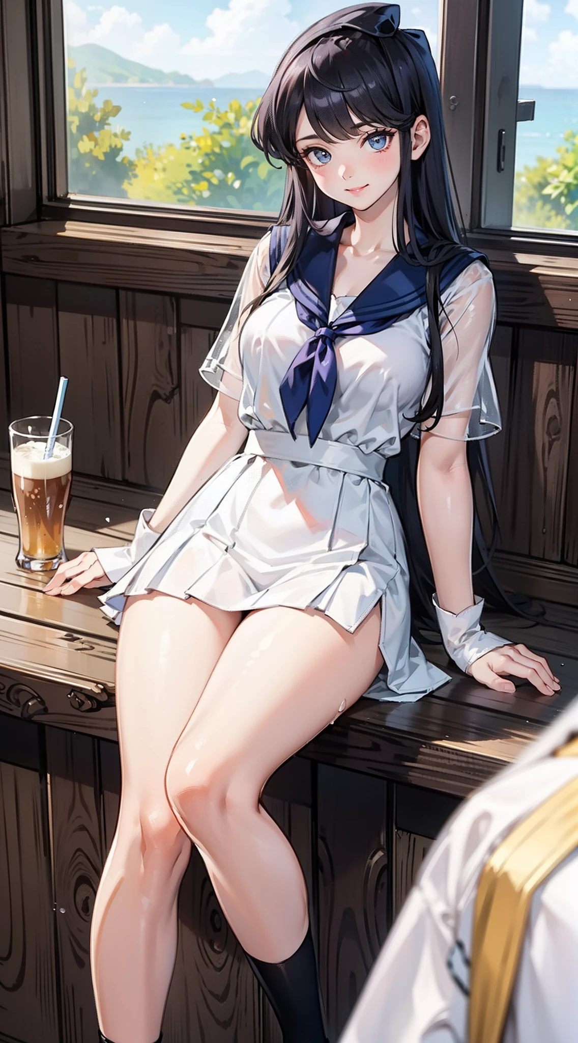 in a pub，The light is dim，Many strong men，Bar girls，Long white sailor suit，Superskirt，drenched all over the body，Standing or squatting or sitting，Blonde or red or black hair，Long or short hair or double ponytail or single ponytail or curly hair。see-through transparent clothes，No underwear，Garbage all over the ground，Plenty of milky liquid，long leges，Delicate face，extreme detailed eyes，largeeyes，Large breasts，Clothes are tight，Tulle clothes，Happy smile