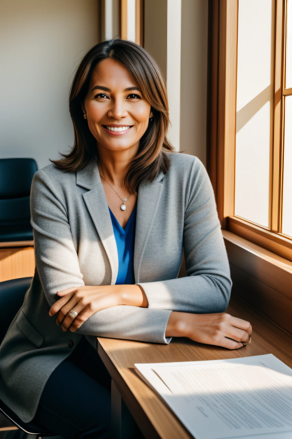 A confident 44-year-old female psychologist sitting in her cozy office, warm sunlight streaming through large windows, casting gentle shadows on the room's tasteful decor, her genuine smile reflecting empathy and understanding, Photography, shot with a 50mm prime lens at f/2.8, --ar 16:9 --v 5