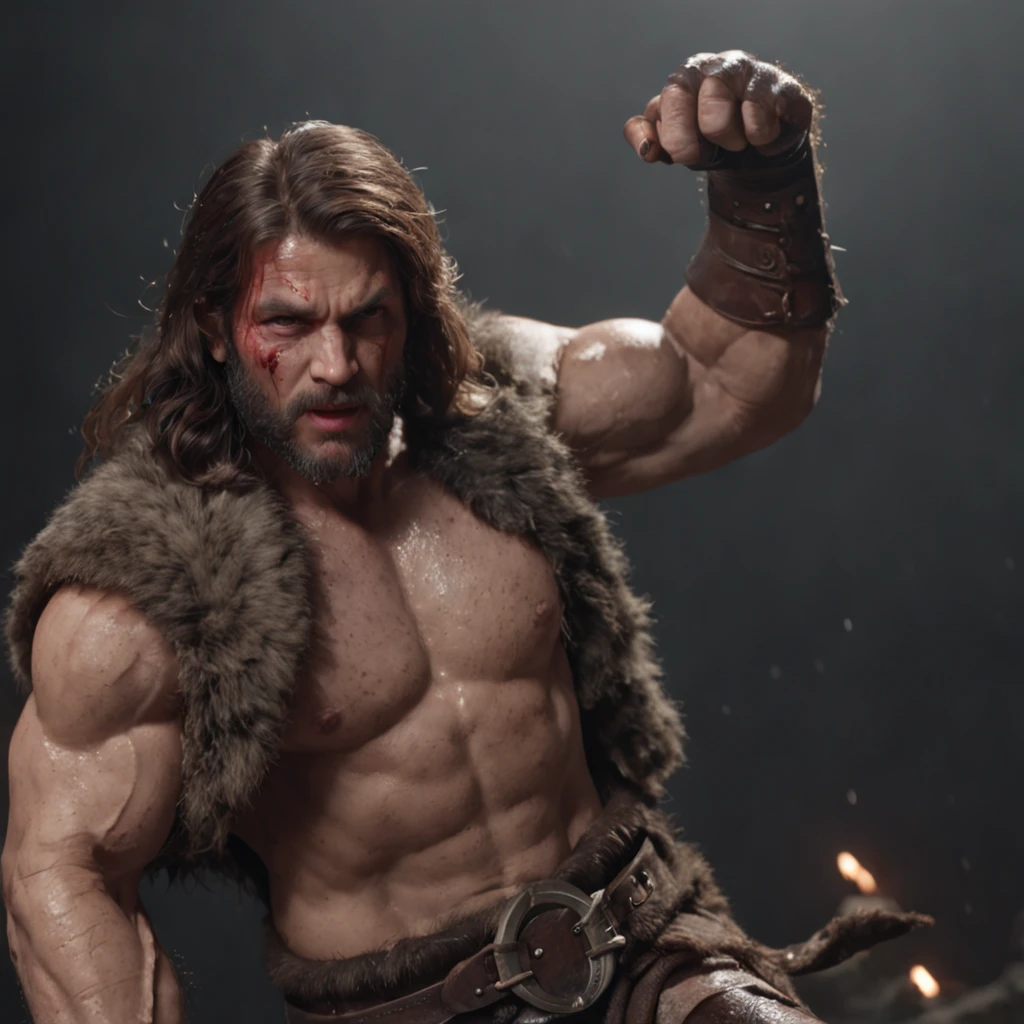 (professional 3d render:1.3) af (Realistic:1.3) most beautiful artwork photo in the world,Features soft and shiny male heroes, ((Epic hero fantasy muscle man rough wet hero angry looking long hair short beard and ferocious expression in dynamic pose, Fantastic location, Majestic cluttered environment)), Full body 8K unified rendering, action shot, skin pore, very dark lighting, heavyshading, Detailed, Detailed face, (vibrant, photograph realistic, Realistic, Dramatic, Dark, Sharp focus, 8K), (Old leather garments damaged by weathering:1.4), ((((Wear fur)))), (Intricate:1.4), decadent, (Highly detailed:1.4), Digital painting, rendering by octane, art stations, concept-art, smooth, Sharp focus, illustration, Art germ, (loish:0.23), wlop ilya kuvshinov, and greg rutkowski and alphonse mucha gracias, (Global illumination, Studio light, volumettic light), heavy rain, particles floating, lotr, fantasy, elf, full bodyesbian, ((Dark and ancient city background:1.3)),CGSesociety,art stations
