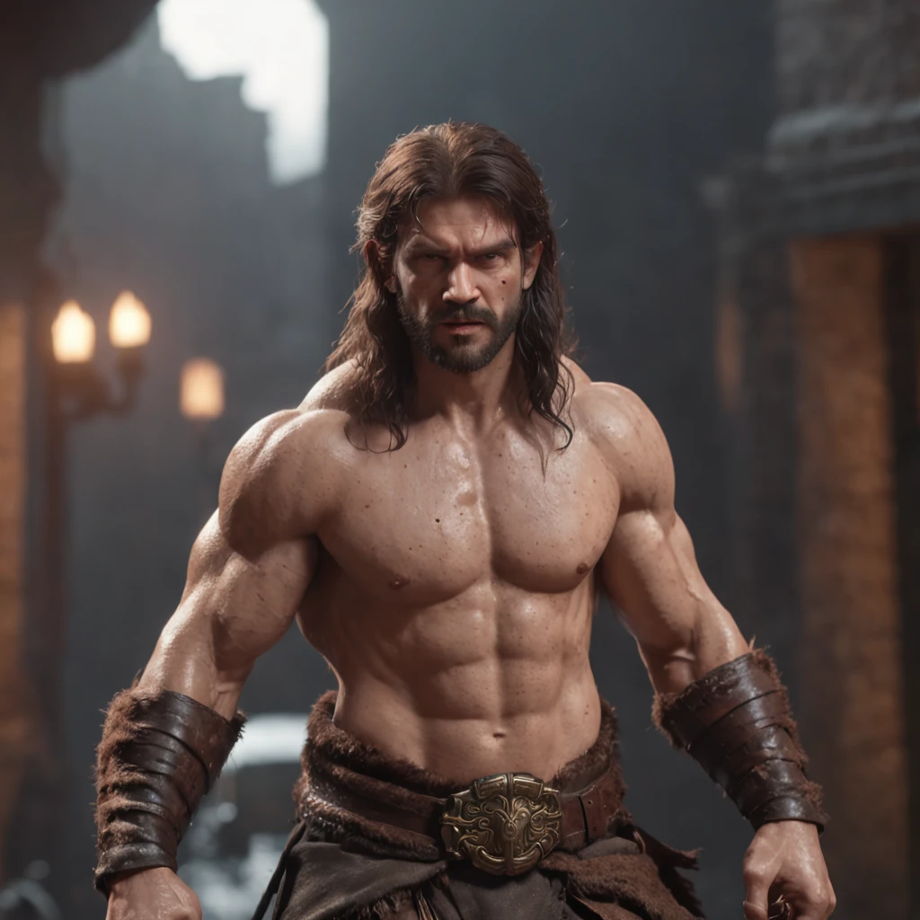 (professional 3d render:1.3) af (Realistic:1.3) most beautiful artwork photo in the world,Features soft and shiny male heroes, ((Epic hero fantasy muscle man rough wet hero angry looking long hair short beard and ferocious expression in dynamic pose, Fantastic location, Majestic cluttered environment)), Full body 8K unified rendering, action shot, skin pore, very dark lighting, heavyshading, Detailed, Detailed face, (vibrant, photograph realistic, Realistic, Dramatic, Dark, Sharp focus, 8K), (Old leather garments damaged by weathering:1.4), ((((Wear fur)))), (Intricate:1.4), decadent, (Highly detailed:1.4), Digital painting, rendering by octane, art stations, concept-art, smooth, Sharp focus, illustration, Art germ, (loish:0.23), wlop ilya kuvshinov, and greg rutkowski and alphonse mucha gracias, (Global illumination, Studio light, volumettic light), heavy rain, particles floating, lotr, fantasy, elf, full bodyesbian, ((Dark and ancient city background:1.3)),CGSesociety,art stations