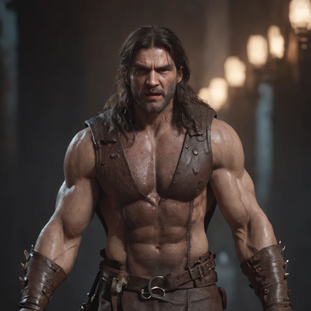 (professional 3d render:1.3) af (Realistic:1.3) most beautiful artwork photo in the world，Features soft and shiny male heroes, ((Epic hero fantasy muscle man rough wet hero angry look long hair short beard and ferocious expression in dynamic pose, Fantastic location, Majestic cluttered environment)), full body 8k unity render, action  shot, skin pore, very dark lighting, heavyshading, Detailed, Detailed face, (vibrant, photograph realistic, Realistic, Dramatic, Dark, Sharp focus, 8K), (Old leather garments damaged by weathering:1.4), ((((Wear fur)))), (Intricate:1.4), decadent, (Highly detailed:1.4), Digital painting, rendering by octane, art  stations, concept-art, smooth, Sharp focus, illustration, Art germ, (loish:0.23), wlop ilya kuvshinov, and greg rutkowski and alphonse mucha gracias, (Global illumination, Studio light, volumettic light), heavy rain, particles floating, lotr, fantasy, elf, full bodyesbian, ((Dark and ancient city background:1.3)),CGSesociety,art  stations