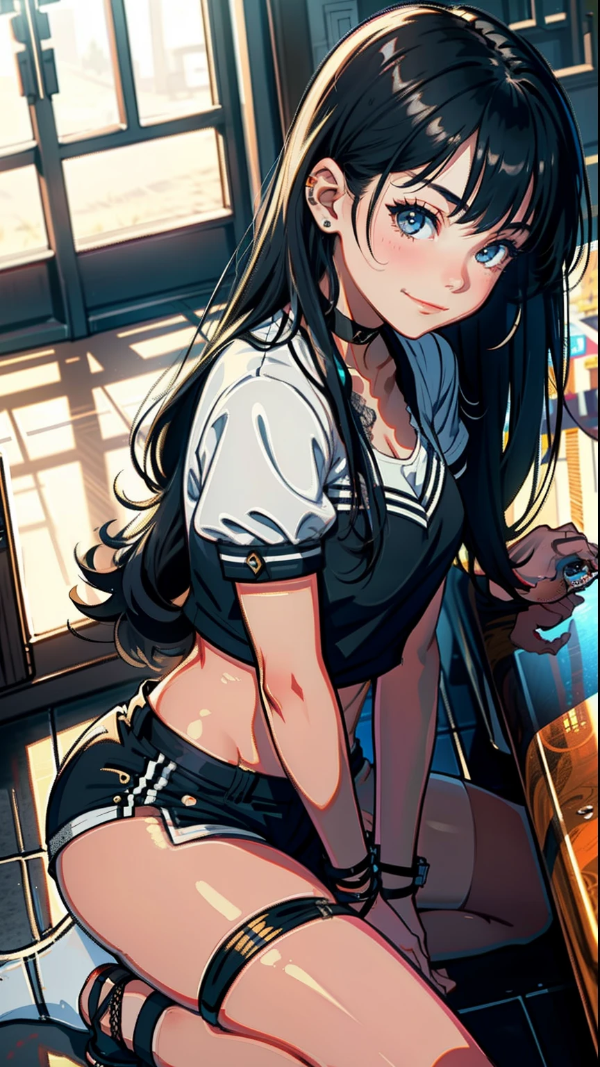 masterpiece, top-quality, Detailed details, Detailed landscapes, beatiful lights, Beautiful Shadows, girl with, ,((Child's body shape)),((innocent smiles)),Black eyes,eye liner,(((tied up long hair))),bangle,a choker,piercings,(hotpants),((Ultra-low rise)),(TShirt), Navel Ejection,Kneeling,bars,a bar counter,(((waitresses)))、order,open one's legs,((super low angle)),detailed skin textures, Tyndall effect,(NSFW:1.1)