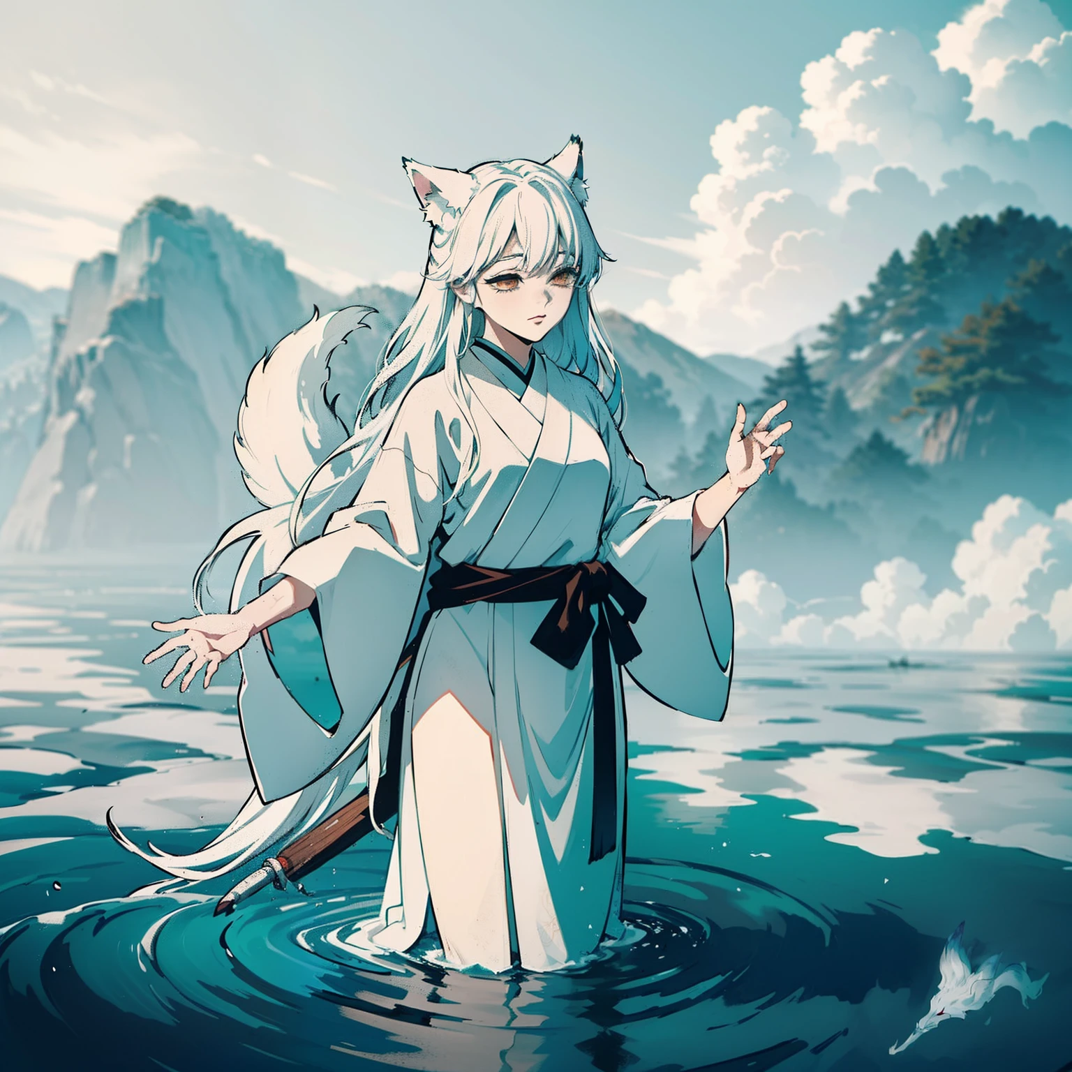 a beautiful and ethereal fox spirit dressed in a flowing white Chinese robe. The image captures the fox spirit standing gracefully on the water's surface, surrounded by white clouds and mist that lend an otherworldly quality to the scene. The fox spirit's long white hair and robes are swept up by the wind, adding movement and fluidity to the image. Use Midjourney's advanced brush tools to create intricate folds and textures in the fox spirit's robes and hair, and experiment with different color palettes and brush strokes to bring out the ethereal quality of the scene. The fox spirit's beauty is further enhanced by the way her image is sometimes obscured by the surrounding mist, giving the scene a sense of mystery and enchantment. With Midjourney's powerful tools, you can bring this captivating and ethereal scene to life with incredible detail and beauty.
hdr, (photorealism, masterpiece quality, best quality), , pureerosface_v1,ulzzang-6500-v1.1,