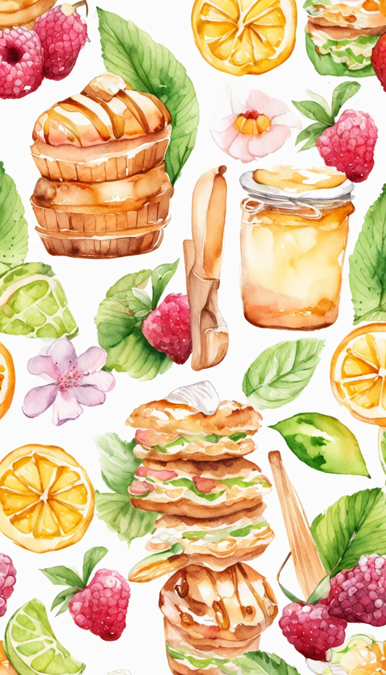 (pastelcolor:1.2)、(cute illustration:1.2)、(watercolor paiting:1.2)、white backgrounid、florals、green leaf、the fruits、tropical fruit、citric acid、acid、Sweet and sour、Light pinkish green throughout、Waffles、breads、delicacies、Cupcakes、Tiramisu、Cream cake、patisserie、high tea、dolce、Particles of Light、drinks、ice cubes、Still life photography