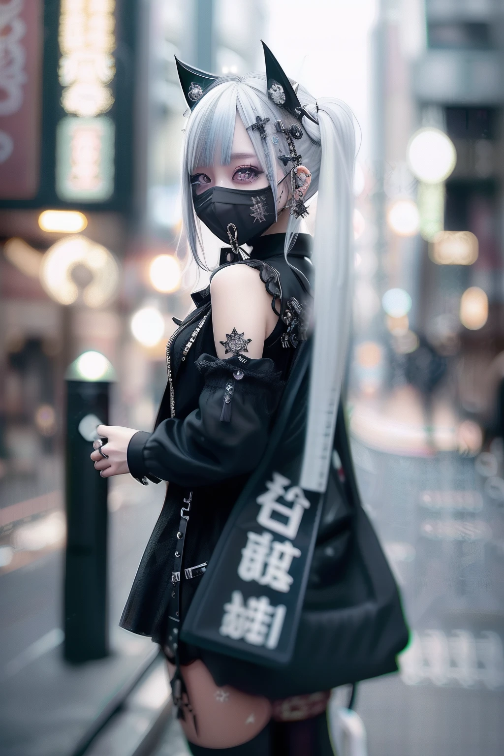 cowboy shot、goth_punk, 1girl in, 独奏, medium shot, Walking in Harajuku, ((during night)), bokeh dof, neon light, iridescent eyes, starrysky, White sparkling hair, White eyebrows, Radiant hair, (iridescent white hair), 耳?????? Ring, bangss, jewely, masks, bluntbangs, verd s eyes, Mouth mask, blurry backround, bblurry, hair adornments, Look at viewers, shorth hair, portraitures, side locks