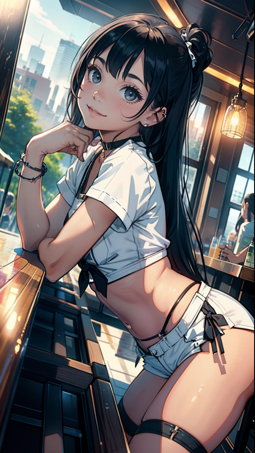 masterpiece, top-quality, Detailed details, Detailed landscapes, beatiful lights, Beautiful Shadows, girl with, ars,((Child's body shape)),((innocent smiles)),Black eyes,eye liner,(((tied up long hair))),bangle,a choker,piercings,(hotpants),((Ultra-low rise)),(TShirt), Navel Ejection,Kneeling,(bars),((a bar counter)),(((waitresses)))、order,open one's legs,((super low angle)),detailed skin textures, Tyndall effect,(NSFW:1.1)