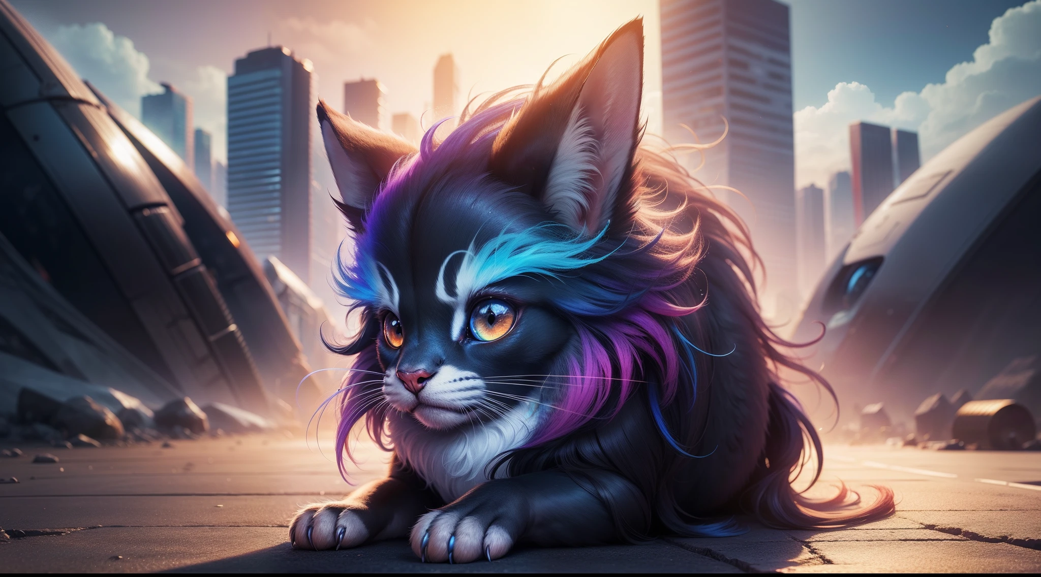 4k resolution,Undefined Species Animals,Cute, Lovely Eye,Defined Face,Defined Rainbow Colour Full Long Hairs,Cute pet species, high details,UHD Old Sci-Fi City Background,