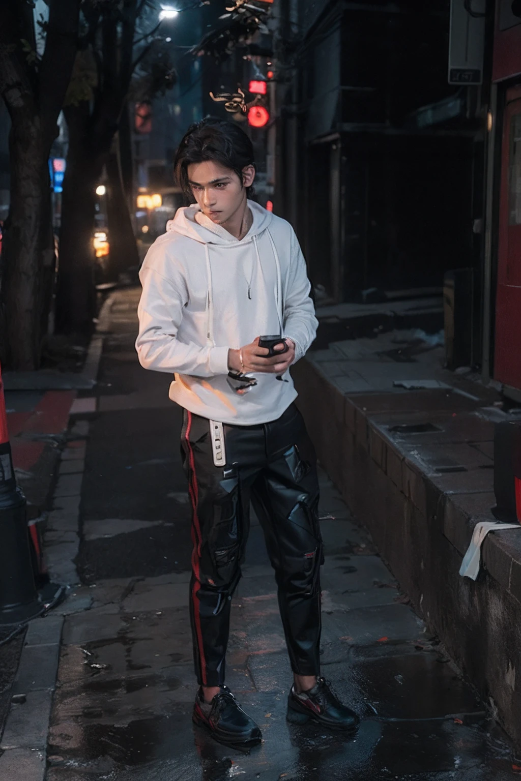 Best quality, masterpiece, ultra high res, (photorealistic:1.4), raw photo, young handsome male, black hair, (night city background:1.2)