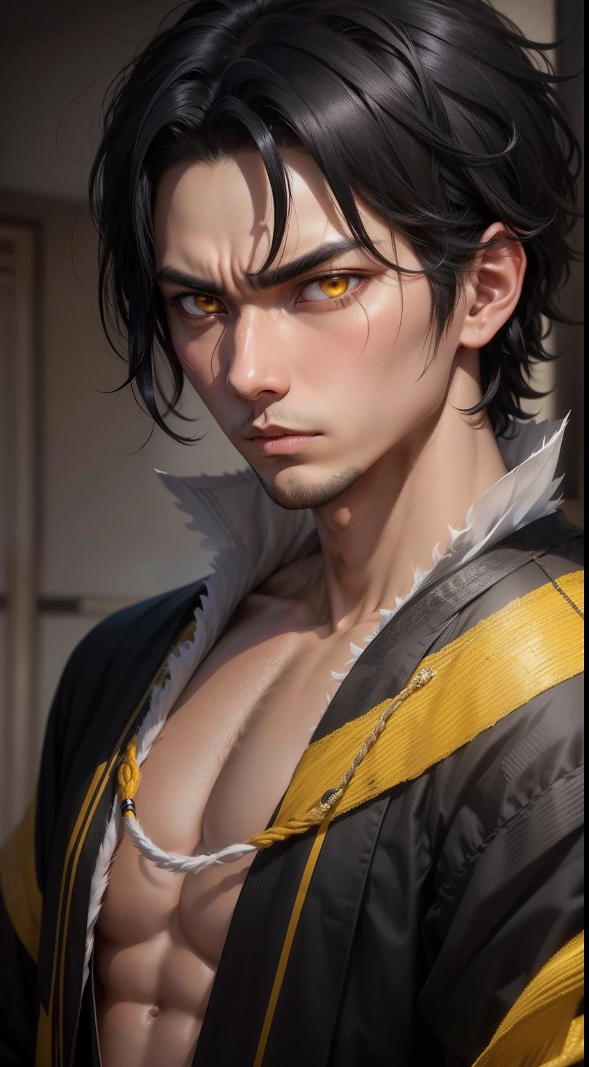 Highest details  adult Male with pure messy black  hair, yellow eyes, wearing traditional kinono,  Magic glowing eyes, serious look, gang meber, sharp eyes, tired, sick