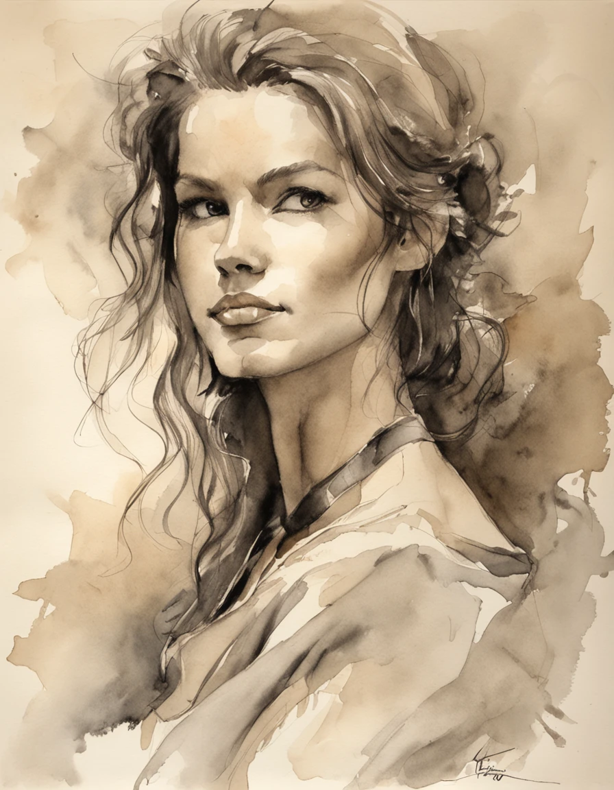 retrato de uma mulher, medium shot, artistic , modelo de artista , a charcoal drawing by William Twigg-Smith, CGSetnação, arte figurativa, Aquarela, desenho colorido, dynamic pose, corpo inteiro, Aquarel e Tinta