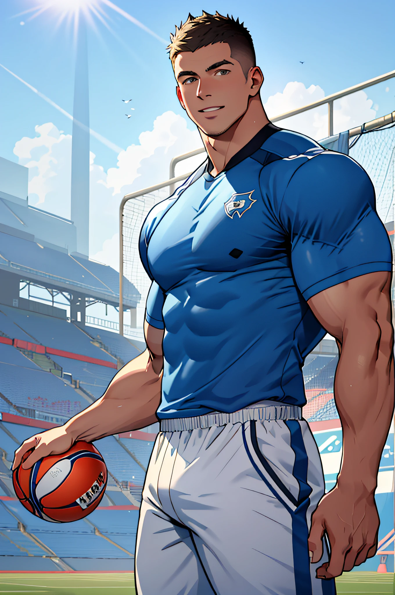Draw a full-fledged athlete,Stand on the central field of the gym,He wears high-end sportswear,The man looks confident and determined,rays of sunshine,cheerful big breasts,Handsome,Crew cut,full bodyesbian,shooting from below,