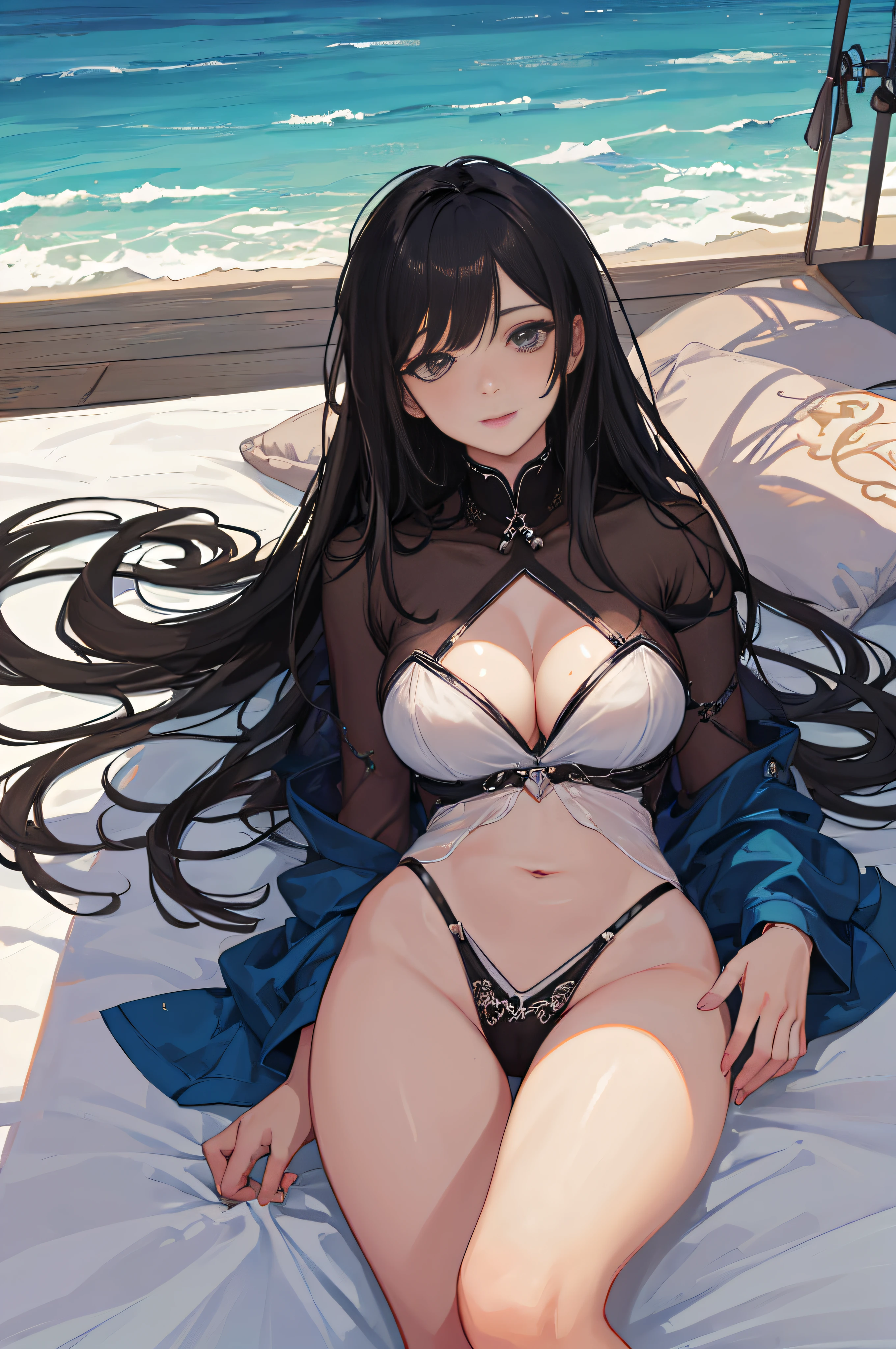 ((Sexy and beautiful woman lying on the beach bed and looking up at me)), ((cutest 20 year old beauty)), charming smile, ((seaside resort)), ((very long hair) ), ((See-Through Fashion)), ((Rich Bust)), Gradient Eyes, Seductive Makeup, Single View, NFFSW, UHD, retina, masterpiece, ccurate, anatomically correct, textured skin, super detail, high details, high quality, award winning, best quality, highres, 1080P, HD, 4K, 8k, 16k
