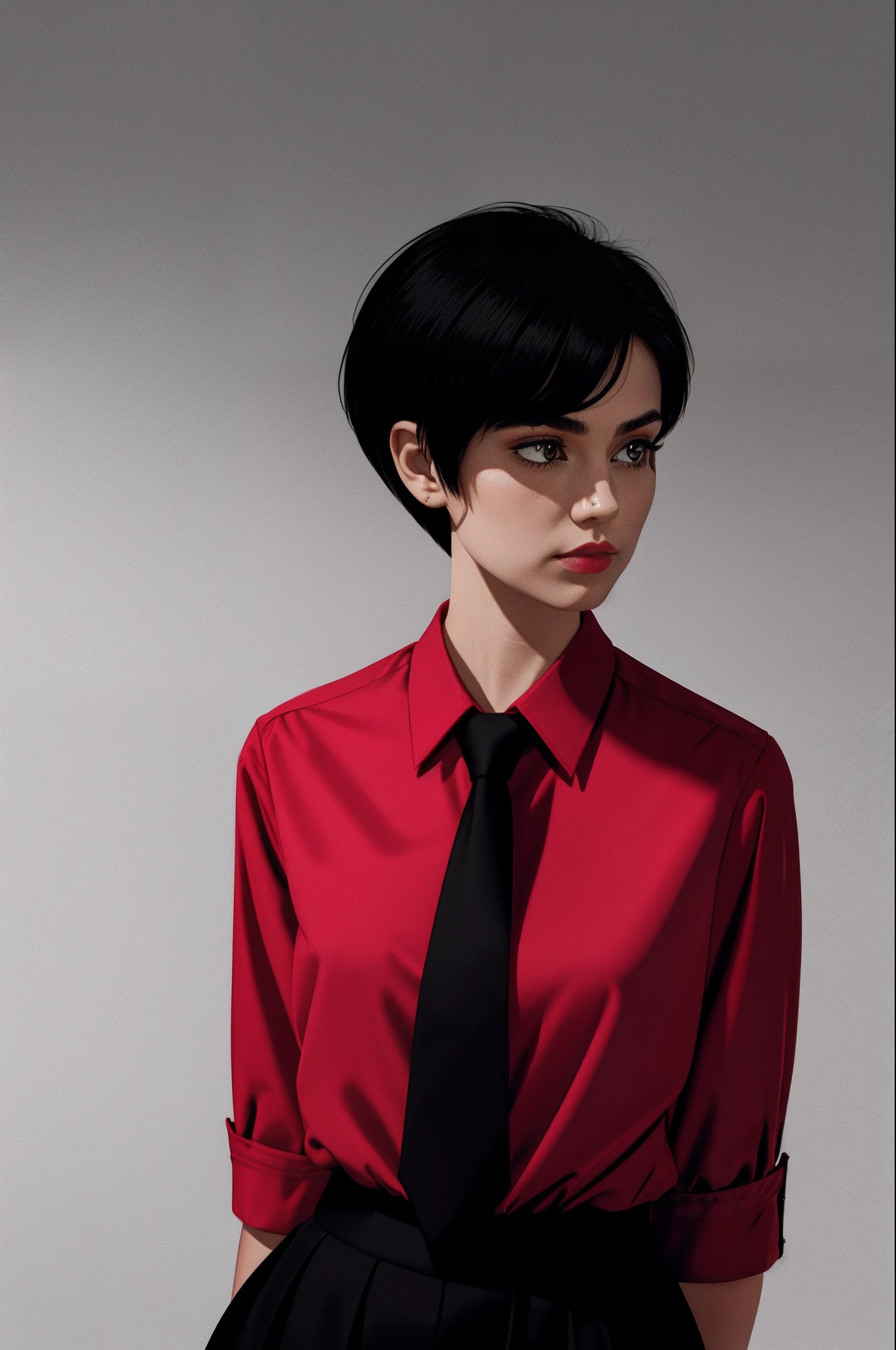 a 1girl, body complet, very detail, a lot of details, very extremely beautiful,  ((tmasterpiece, minimalism)), (Short Hair Hair), (black necktie, Red shirt), bright colours, looks into the distance,