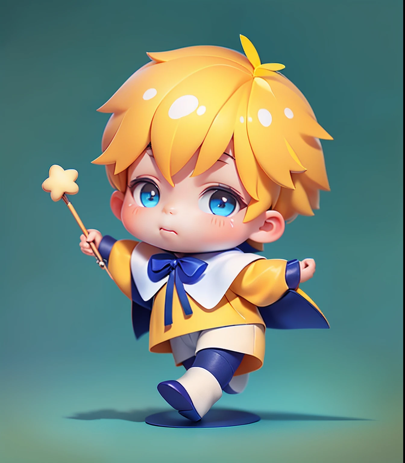 A young boy with，Goose yellow hair，Magic wand，Blue Tops，Bow knot，cloaks，short white pants