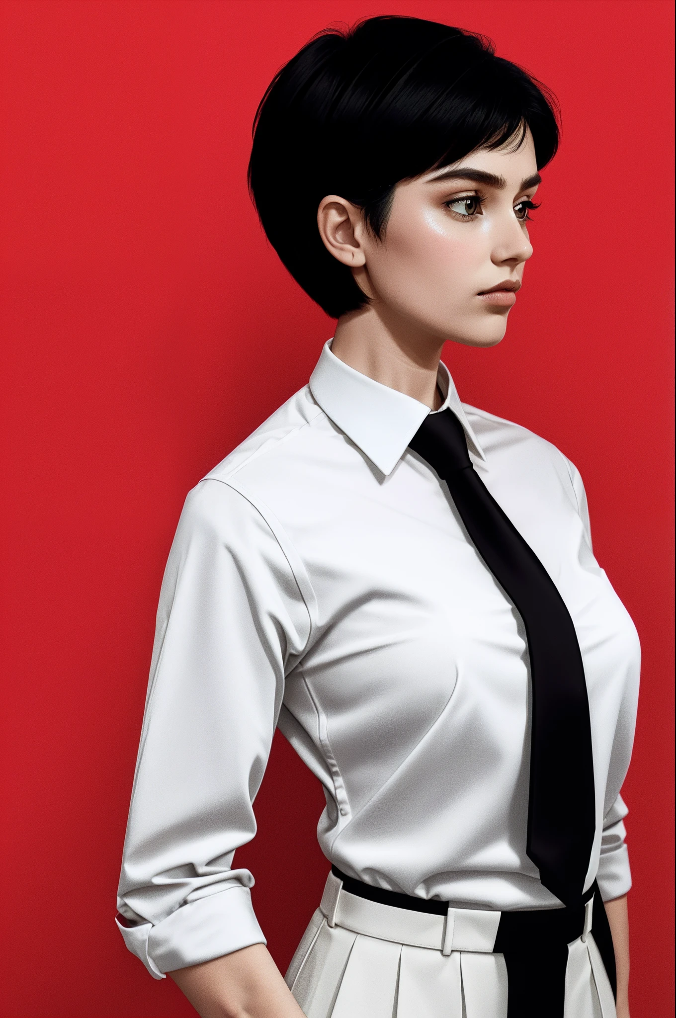 a 1girl, body complet, very detail, a lot of details, very extremely beautiful,  ((tmasterpiece, minimalism)), (Short Hair Hair), (black necktie, Red shirt), bright colours, looks into the distance,