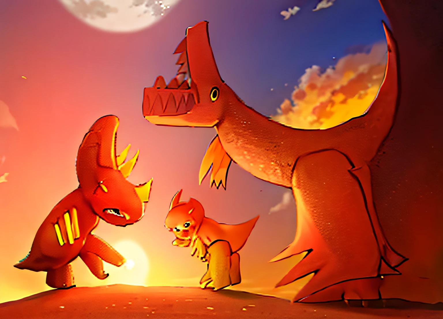 A red Tyrannosaurus rex bit a yellow Triceratops to death,A small orange pachy-nosed dragon on one side is making fun,Cretaceous sunset background,volcanoes,coconut palms,tussock,themoon,molten lava,