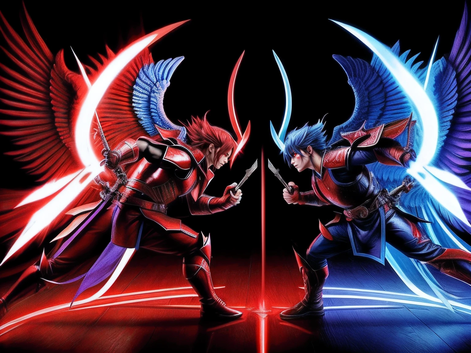 angel and demon、Fierce duel、Tremendous red and blue aura、Injury、