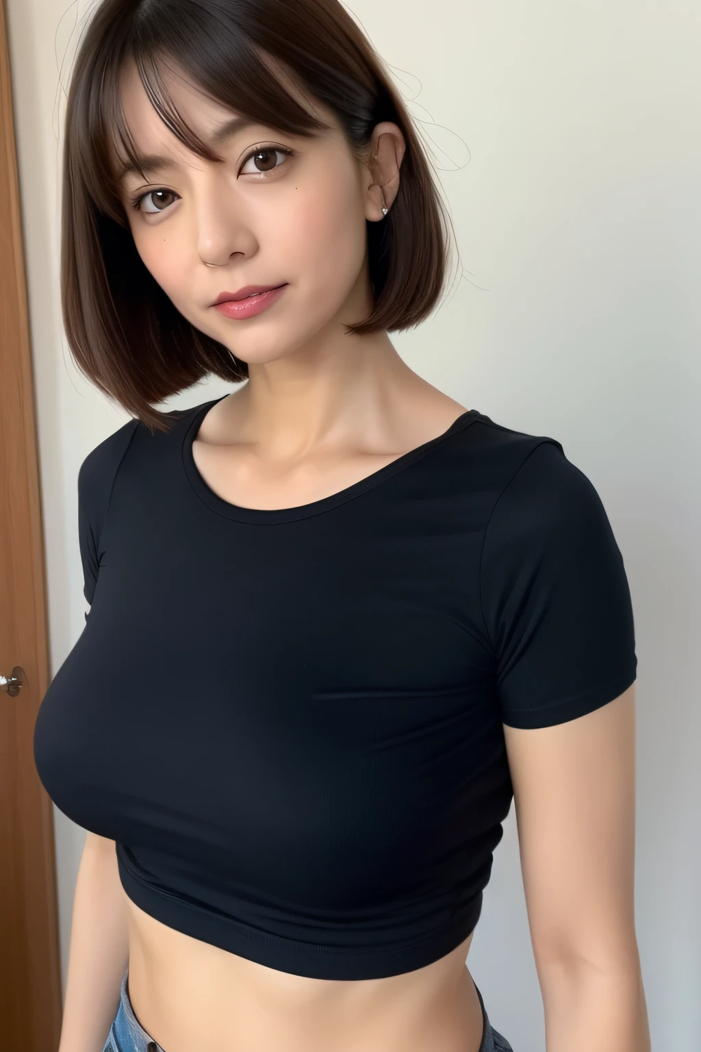 ((best qualityer, 8K, work of art :1.3)), sexy perfect body, (aunty_aunty), ((black short hair)), high-detailed face, and detailed texture, detailedeyes, double eyelid. Makeup face. red lipgloss stick,
((wearing glasses)), ((sexy sling shirt)), Legs long_whole body. Kneeling. looking at side. corpo sexy. seen from side. filmed from a side angle, on top of the bed