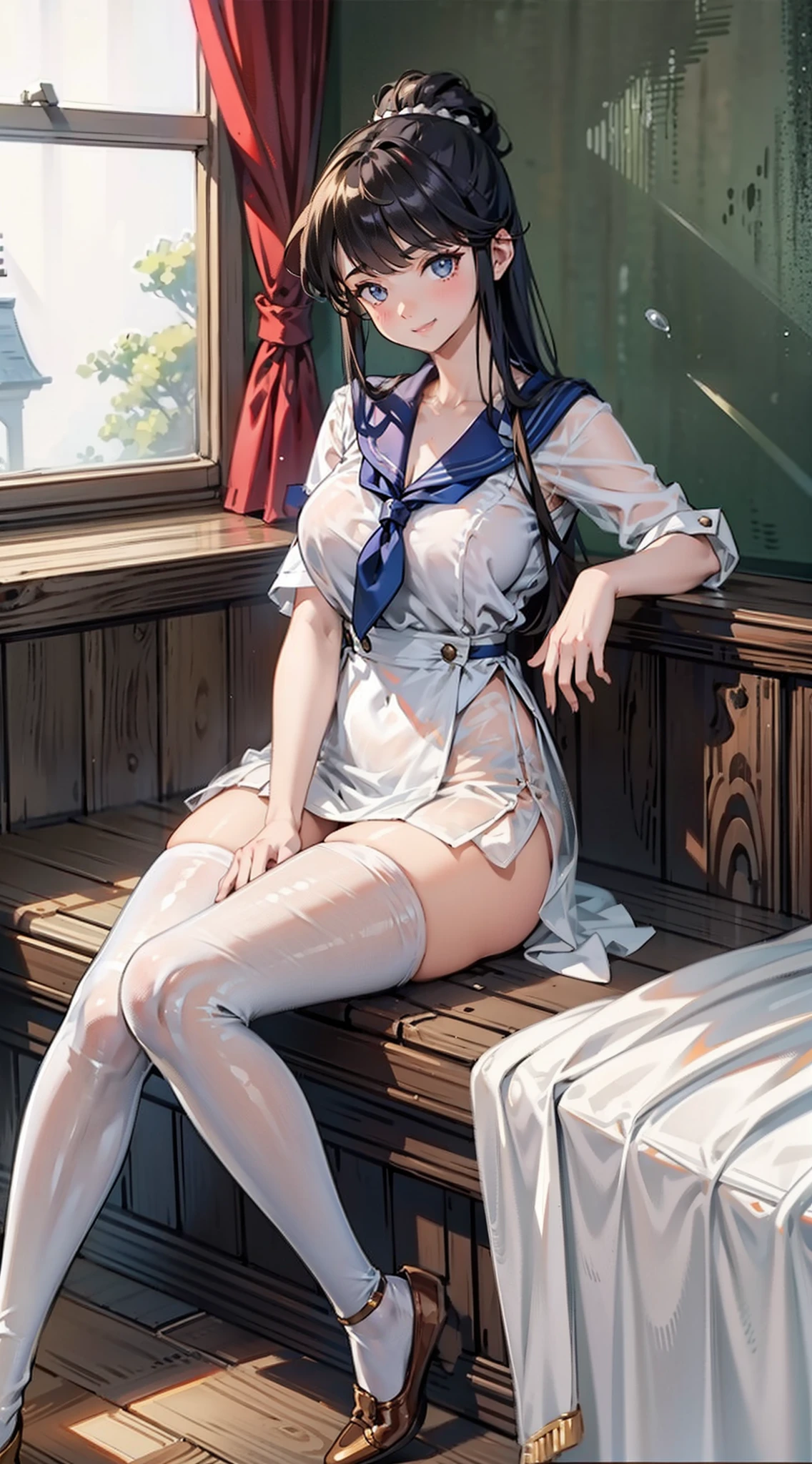 in a pub,The light is dim,Many strong men,Bar girls,a sailor suit,Superskirt,drenched all over the body,Standing or lying down or sitting or,or brunette hair,long whitr hair。see-through transparent clothes,No underwear,Garbage all over the ground,Plenty of milky liquid,long leges,Delicate face,extreme detailed eyes,largeeyes,Large breasts,Clothes are tight,Tulle clothes,Happy smile