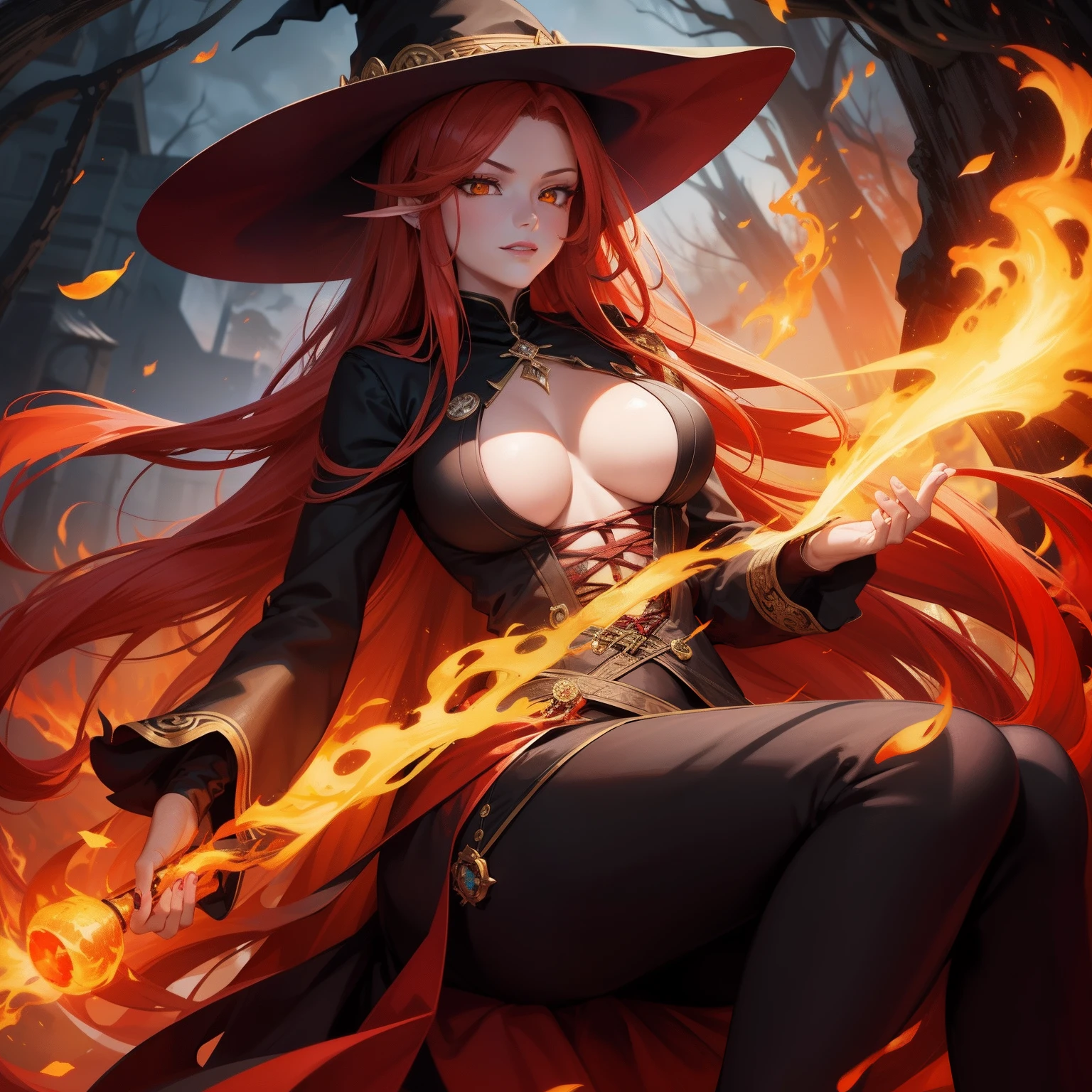 Adult beautiful woman, witch of the fire,      red long  hair, yellow eyes, eyes glowing, exotic, fire, smirk,