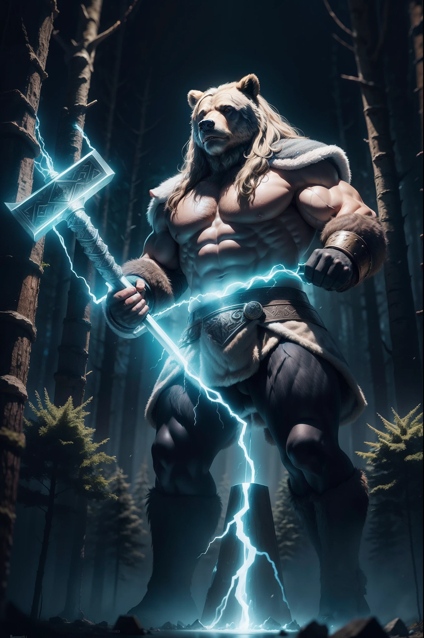 Grizzly bear dresed in Viking clothes like Thor god, holding the big hammer, unleadhing the power of lighning. Highly detailed, high resolution. Forest at night as background.