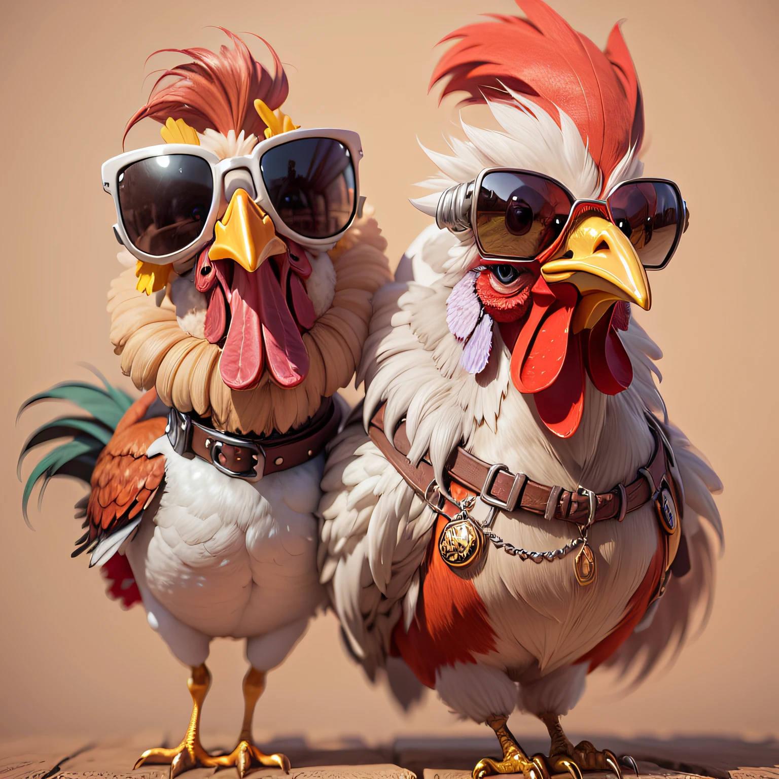 fashionable hen and rooster, 3d style, detailed