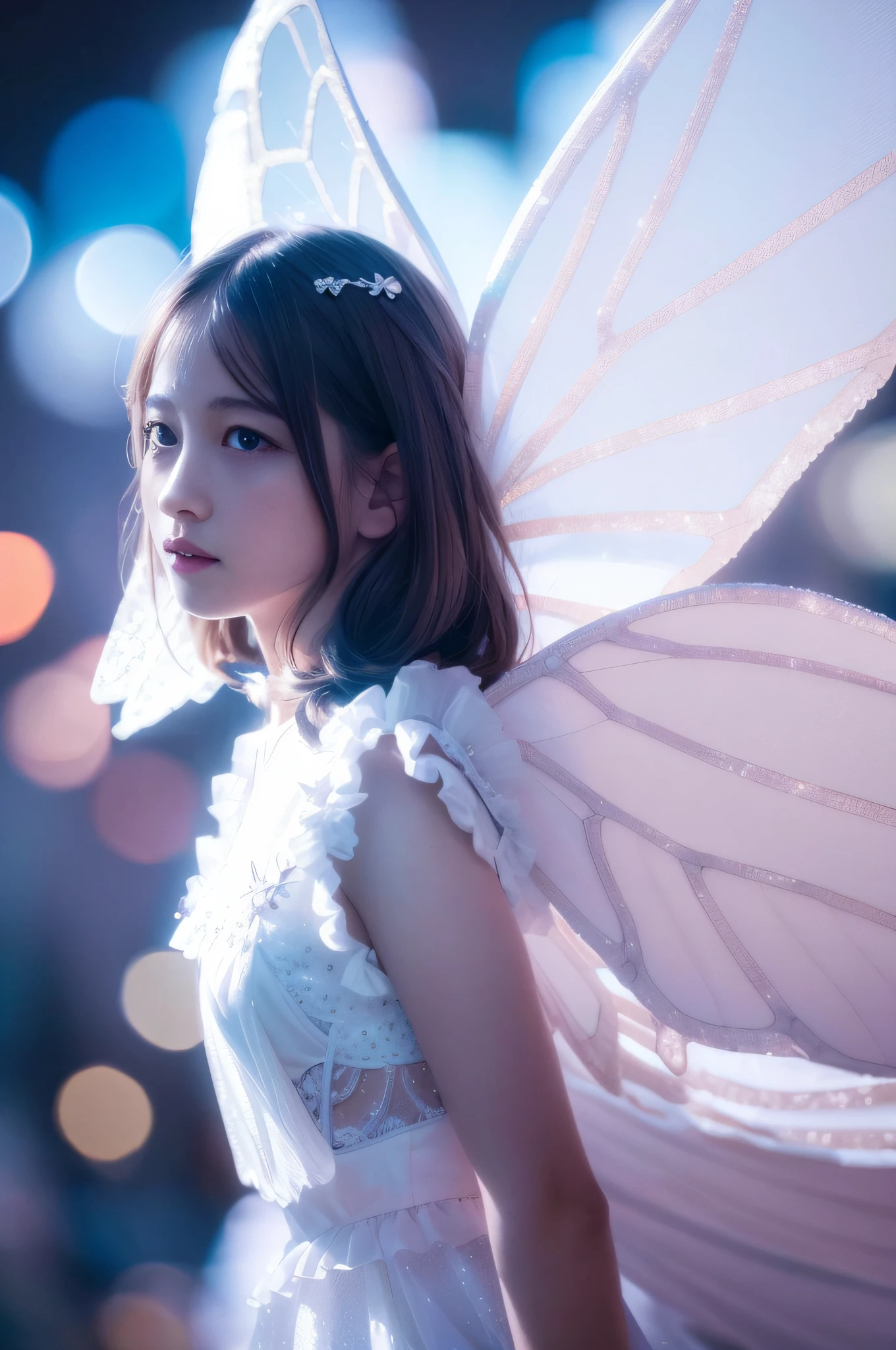White chastity ballet fairy,Huge butterfly wings on back 35mm photography, Ultra-realistic photos - photos taken with the Canon EOS R5, Photorealistic, Intricate details, Sharp 8K, Professional lighting