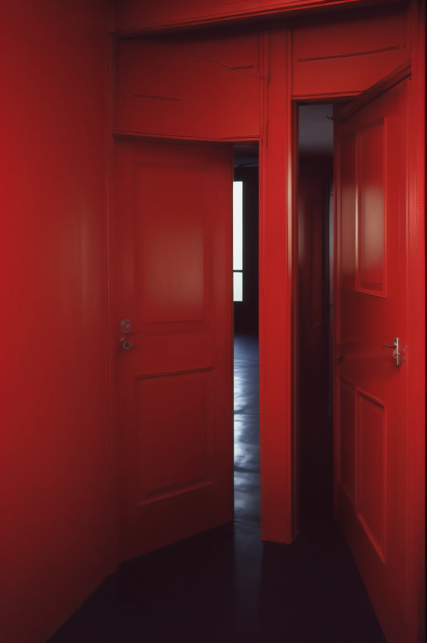 mid night、deep in the night、((A spacious and inorganic space as large as a gymnasium、The light is fluorescent、Quite dark space、Space walls are red、There are several room doors at the back of the room))、((No person、with no people、unmanned))、color photograph、