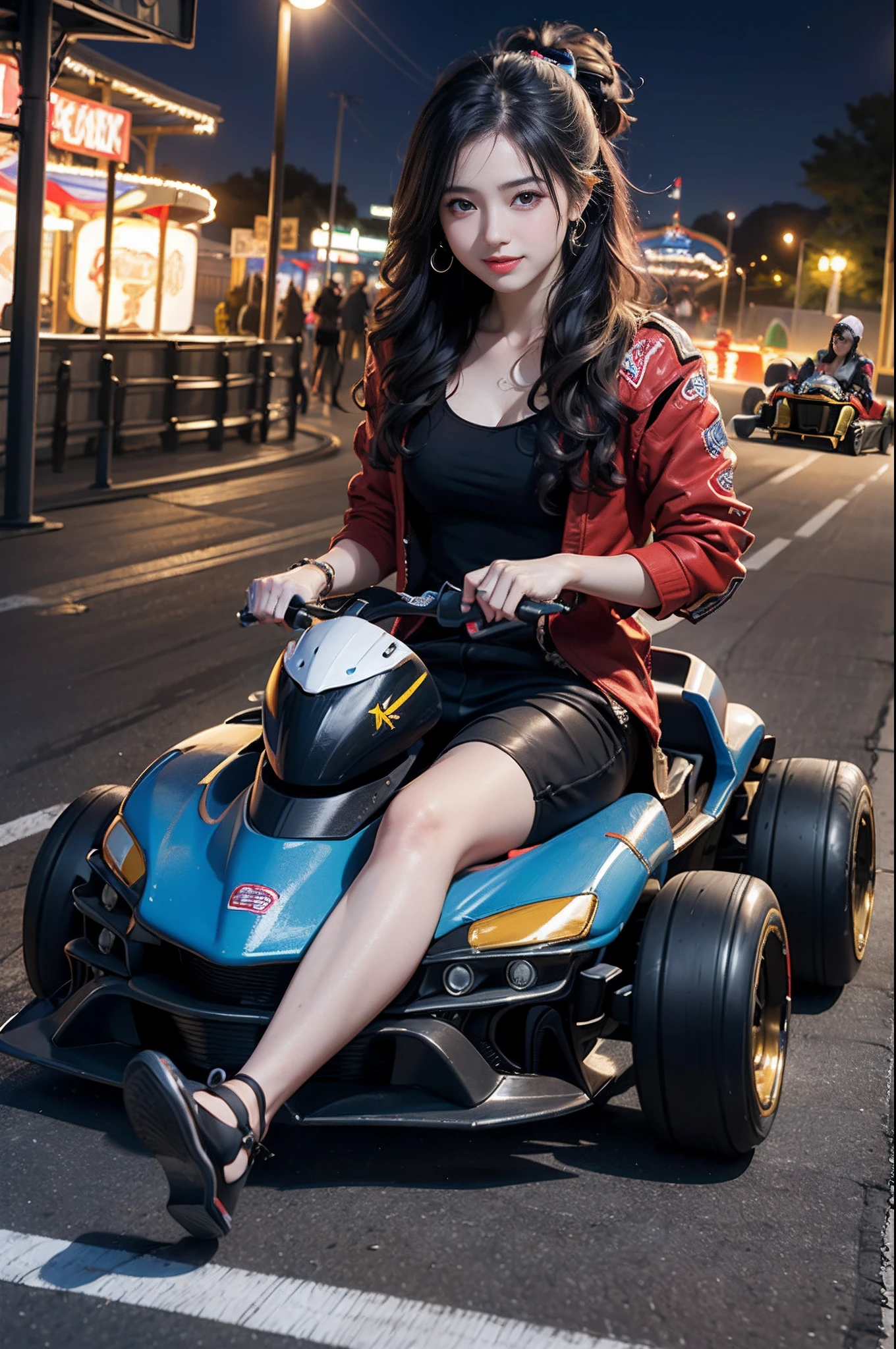 (8K、top-quality、超A high resolution、masterpiece:1.2)、(Photorealsitic:1.4)、(detailed skins:1.3)、1人、Beautiful model at 18 years old、Perfect Style、Beautiful Japan actress、Fashionable clothing、Trendy clothes、(Detail Eye) 、A smile、(Night amusement park、Lit up、illuminations)、Luminous balloon、Happiness、the Ferris wheel、rollercoaster、Elaborate CG 8K wallpapers、dynamicposes、full body Esbian、beautiful lighting、profetional lighting、(foco nítido)、(Ride a go-kart:1.6)