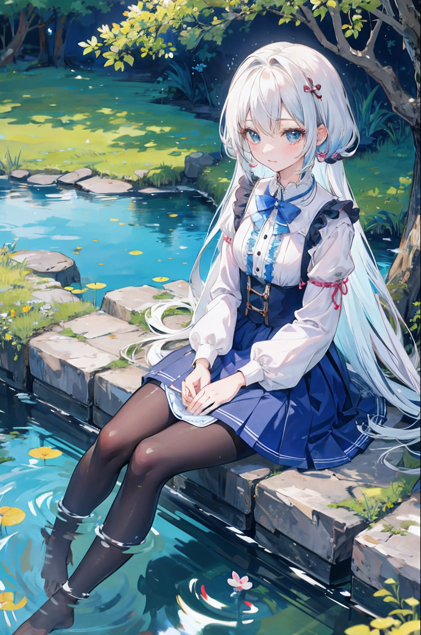 A Shōjo cute anime girl sit alongside a pond. Highly detailed. High quality design.