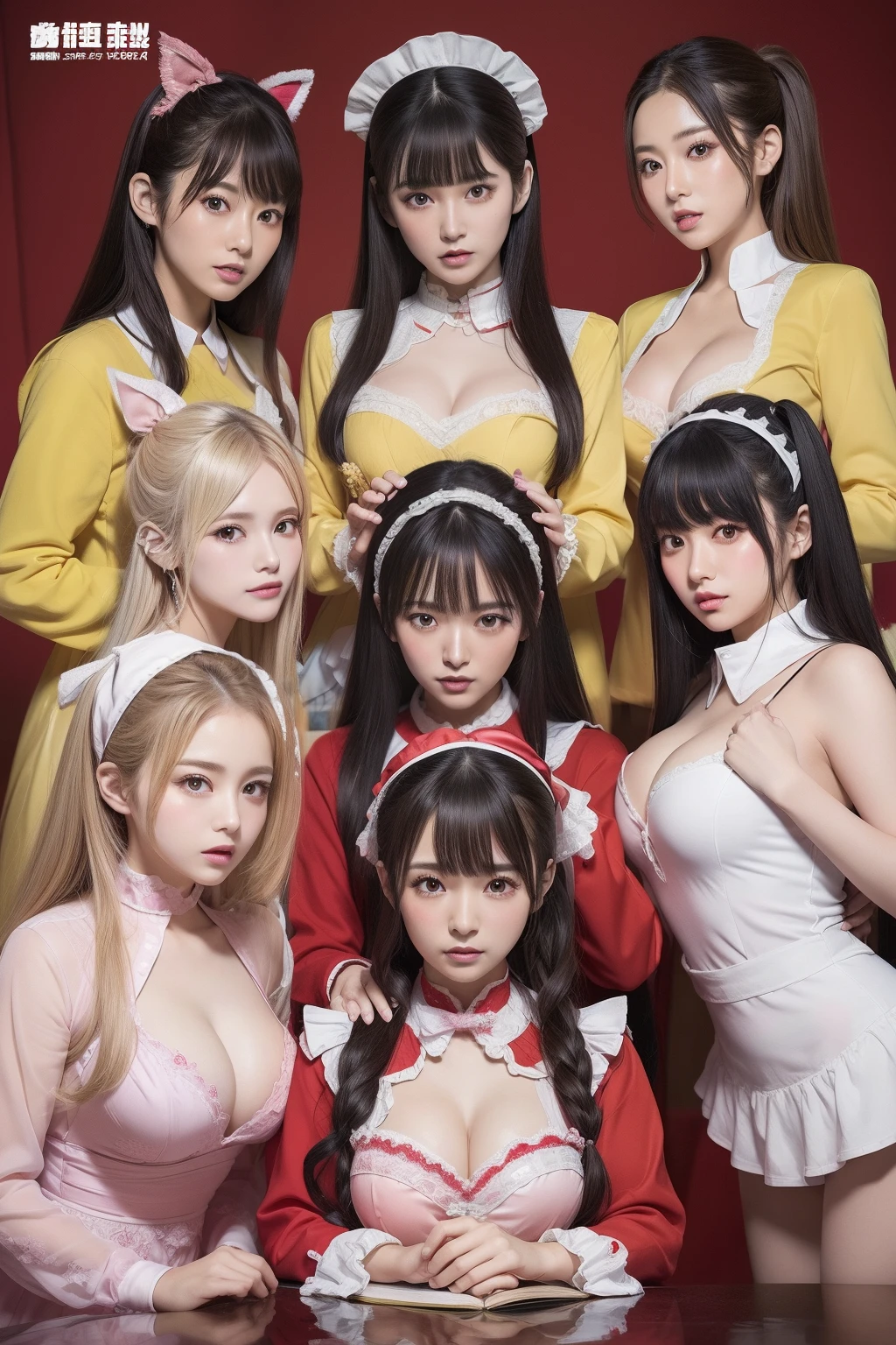 Outrageous resolution、hight resolution、(masterpiece:1.4)、ultra-detailliert、Crisp details、Dramatic and photorealistic pictorial art、Cover of a gravure magazine、Super Sentai Series、All in maid clothes(reddish、verdant、A black、amarelo、pink there、Fivesome)Righteous heroes、Decide on a transformation pose、
