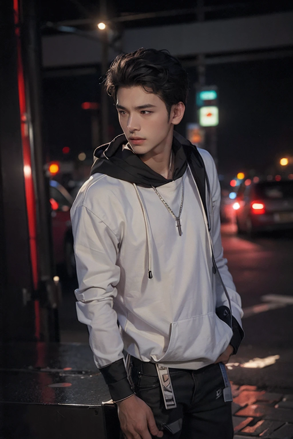 Best quality, masterpiece, ultra high res, (photorealistic:1.4), raw photo, young handsome male, black hair, (night city background:1.2)