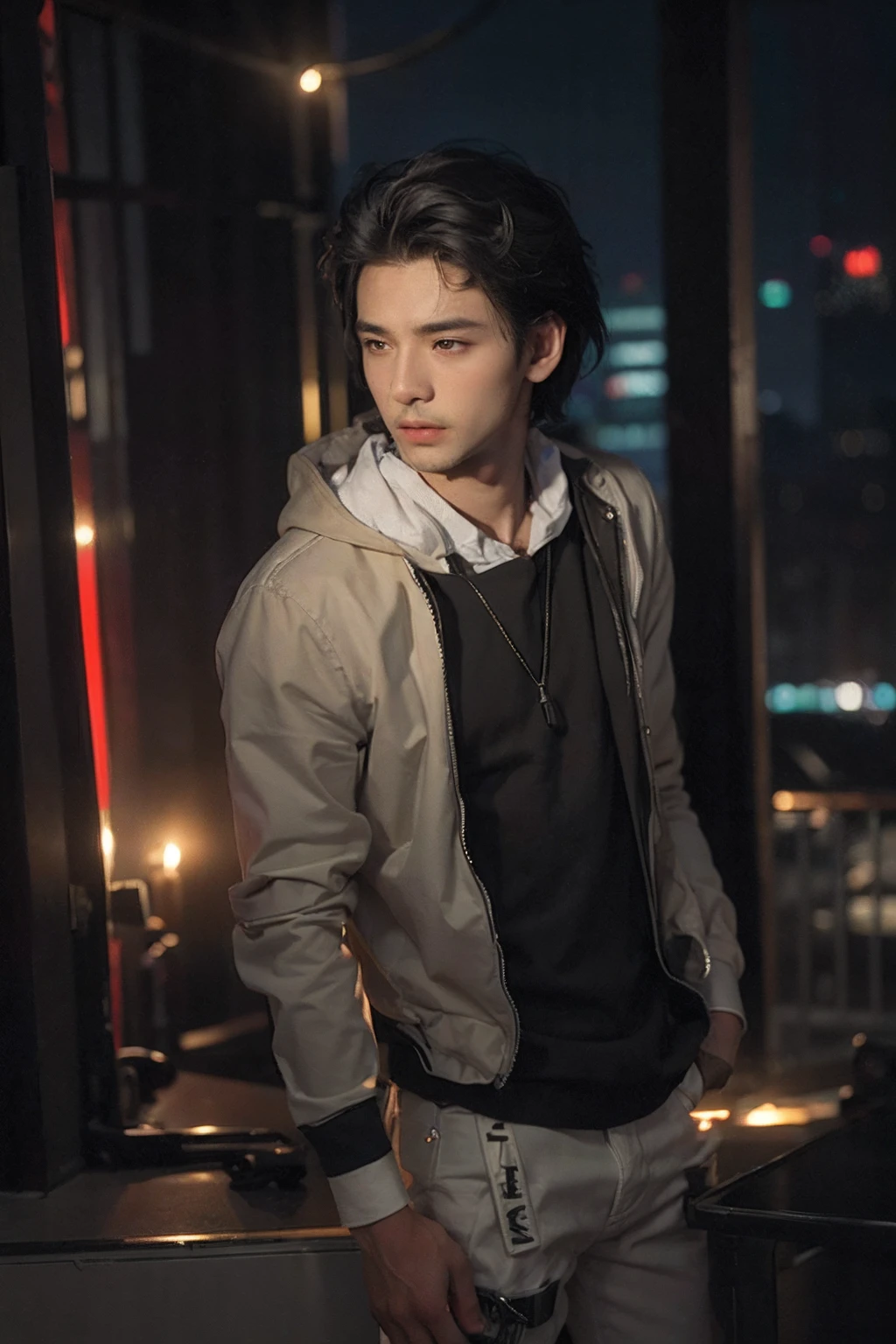 Best quality, masterpiece, ultra high res, (photorealistic:1.4), raw photo, young handsome male, black hair, (night city background:1.2)