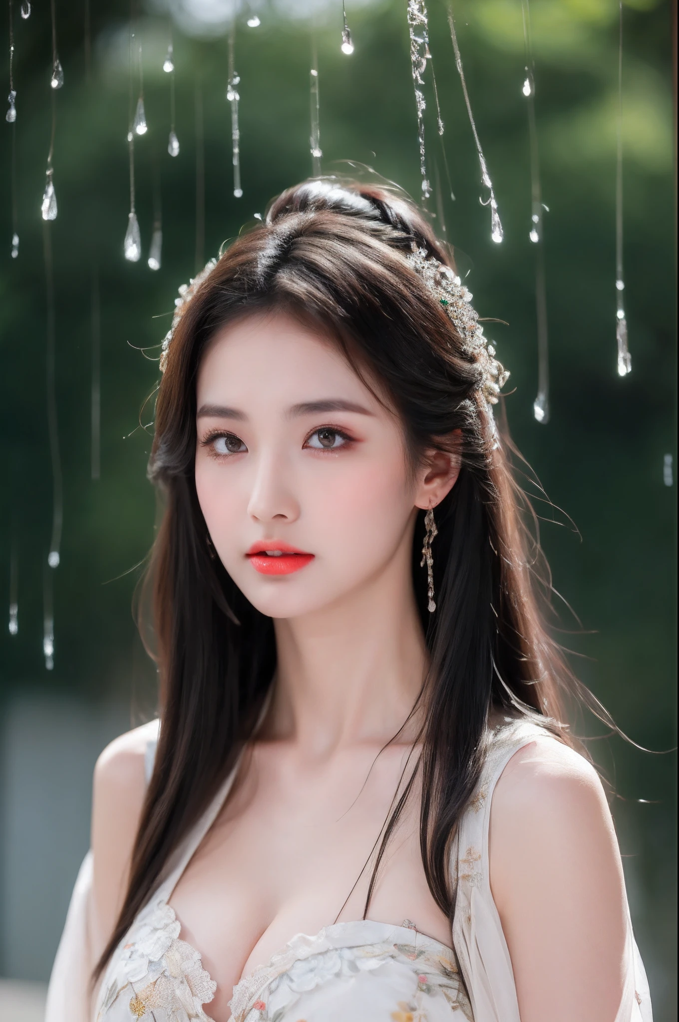 ((Best Quality, 8k, Masterpiece: 1.3)), Focus: 1.2, Perfect Body Beauty: 1.4, Buttocks: 1.2, ((Layered Haircut)), (Wet Clothes: 1.1), (Rain, Street:1.3), (Breasts: 1.2), (Hanfu: 1.2), Bare Shoulders, Bare Legs, Highly Detailed Face and Skin Texture, Fine Eyes, Double Eyelids, Whitened Skin, Long Hair, (Shut Up: 1.5), (Bokeh Background: 1.5), Big Breasts