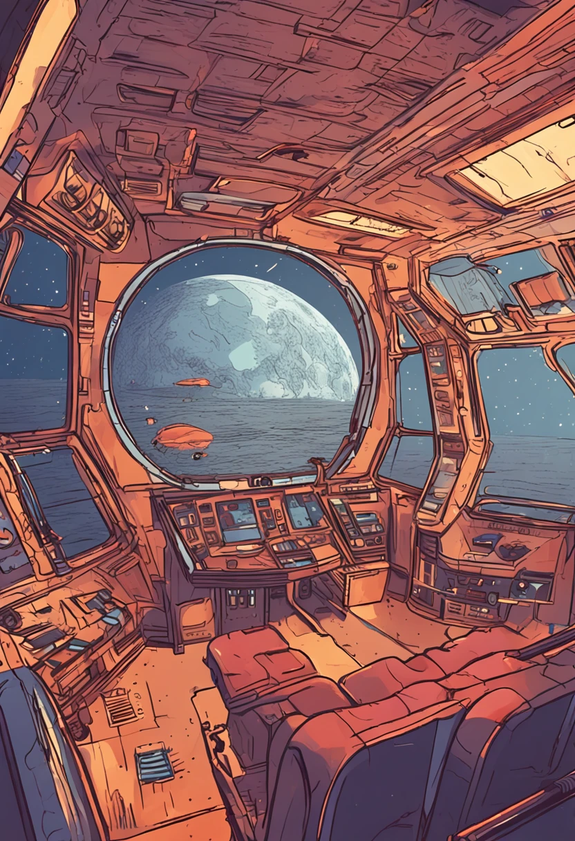 Create an image of a view of space from inside a ship