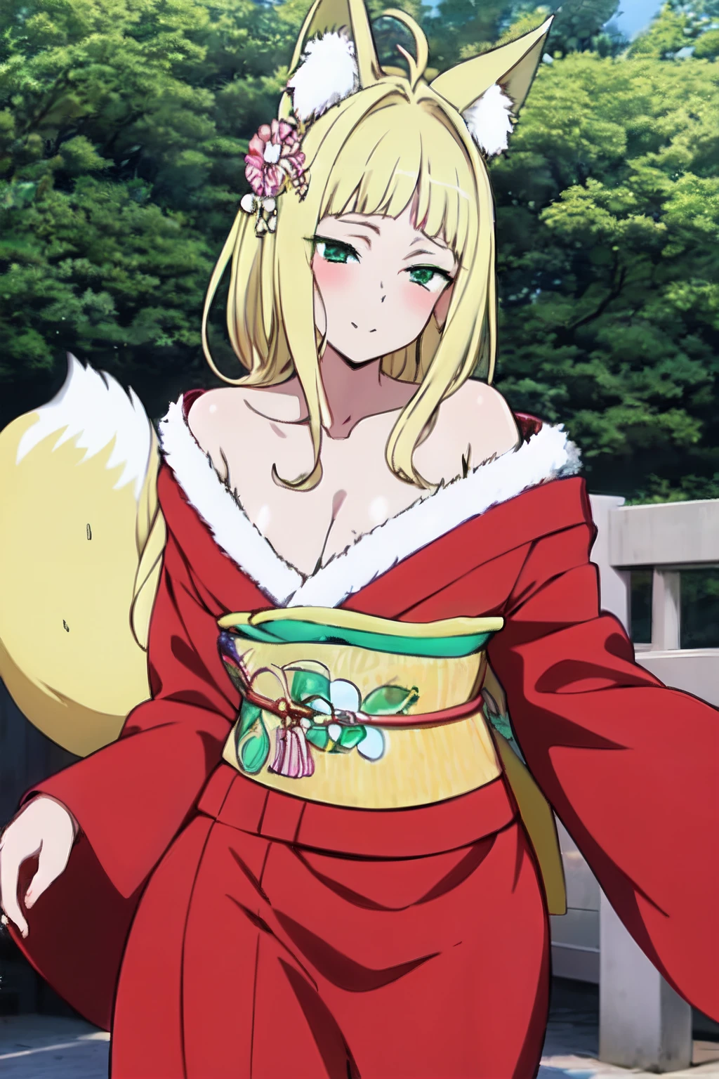 masterpiece, best quality, highres, hmsan, 1girl, animal ears, tail, large breasts, long hair, japanese clothes, red kimono, choker, obi, <lora:sanjouno_haruhime_v1:0.7>, grass, wariza, arms behind back, anime screencap,