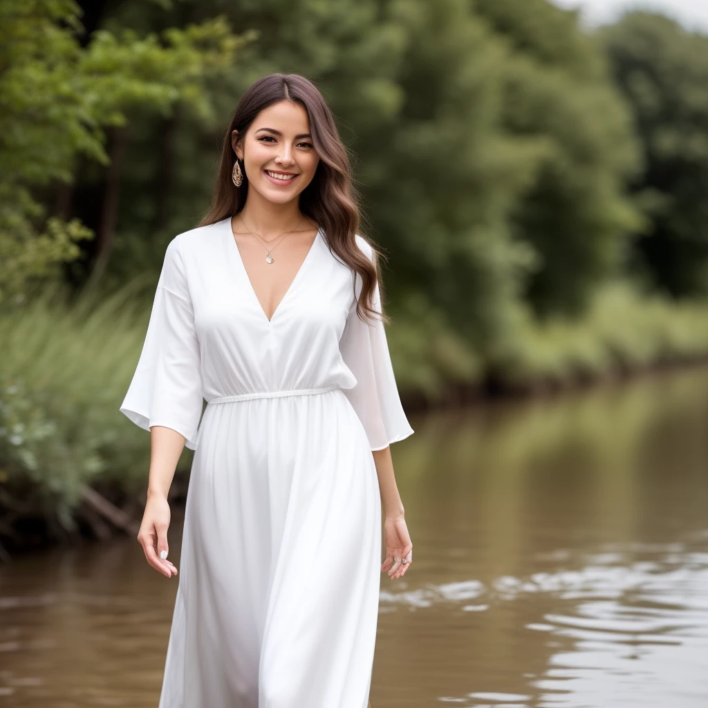 Kind angelic realistic blonde woman with full length dress walking near a river smiling full shot facing camera
