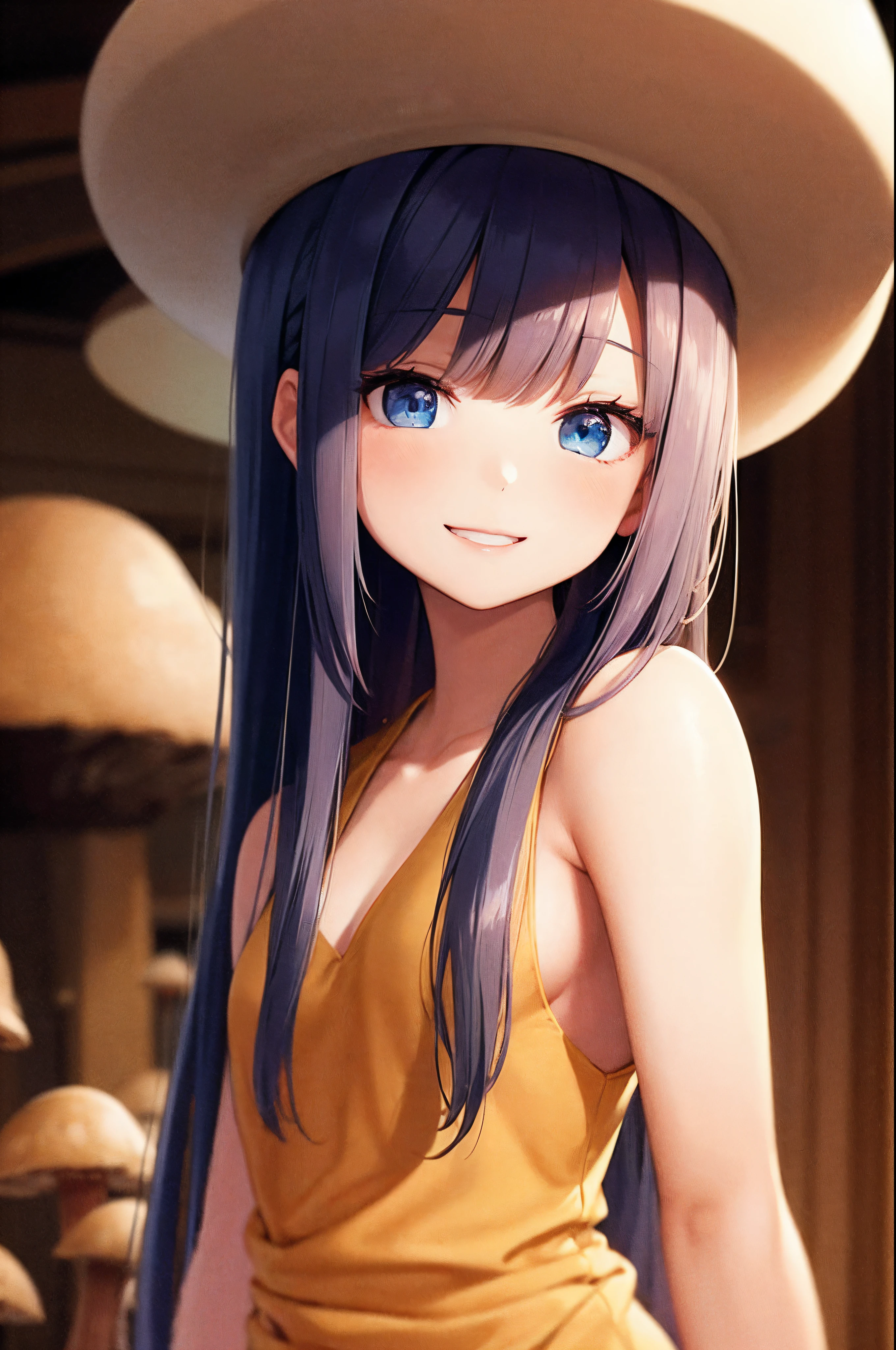 girl, solo, blue eyes, long hair, soft focus, mushroom on head, cinematic lighting, cinematic composition, upper body, attractive smile