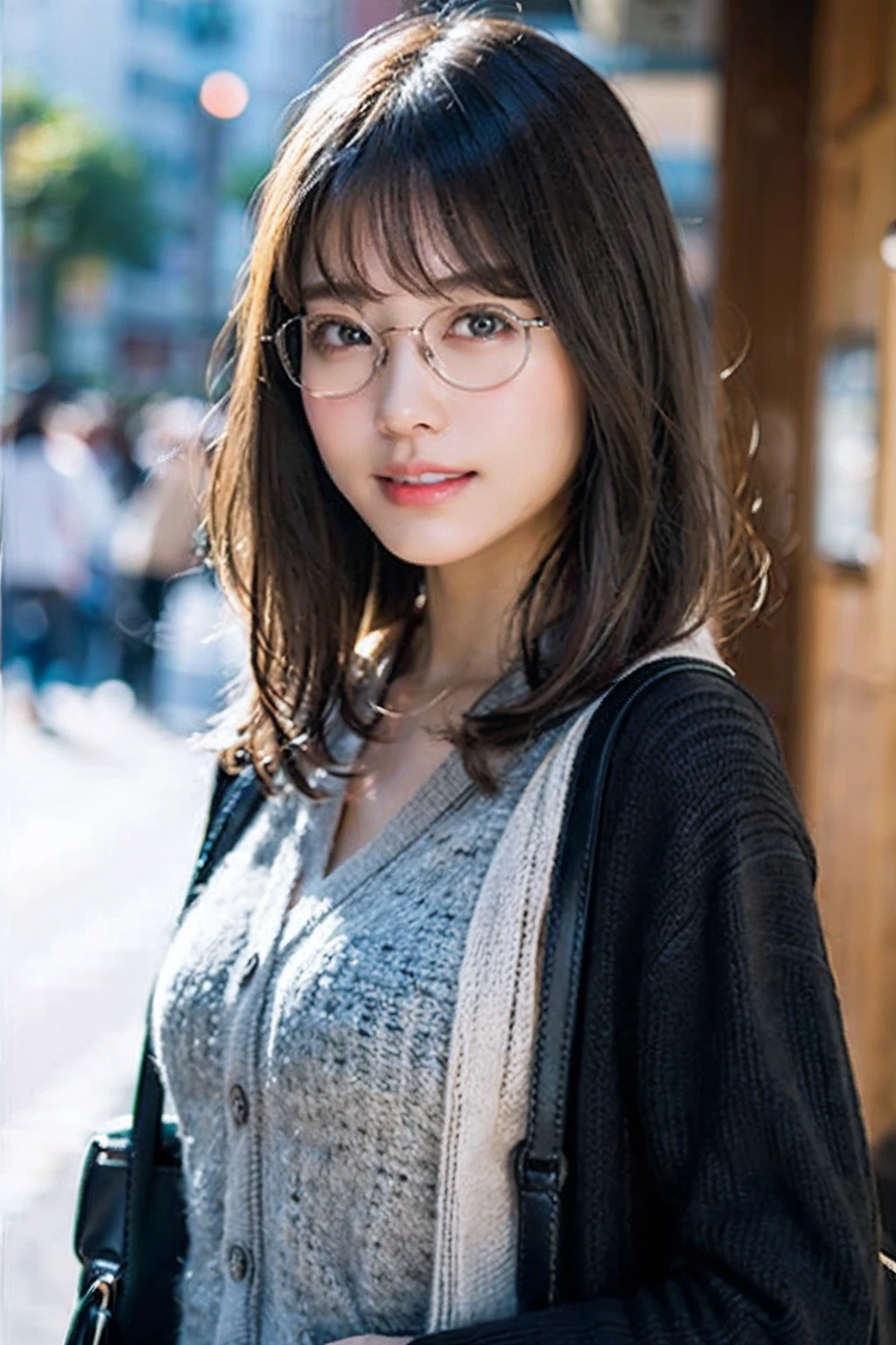 (8K、Raw photography、top-quality、masterpiece:1.2)、(realisitic、Photorealsitic:1.37)、ultra-detailliert、超A high resolution、1人、see the beholder、beautifull detailed face、A smile with a little visible teeth、Constriction、(Slim waist) :1.3)、((Wearing a cardigan))、pastel clothing、Beautiful detailed skin、Skin Texture、Floating hair、((fluffy hairstyle))、large breasts with good shape、Professional Lighting、In front of the station at noon、((Black square glasses))、Whole human body、Black hair、((Have a small handbag))、Be aware of the viewer、