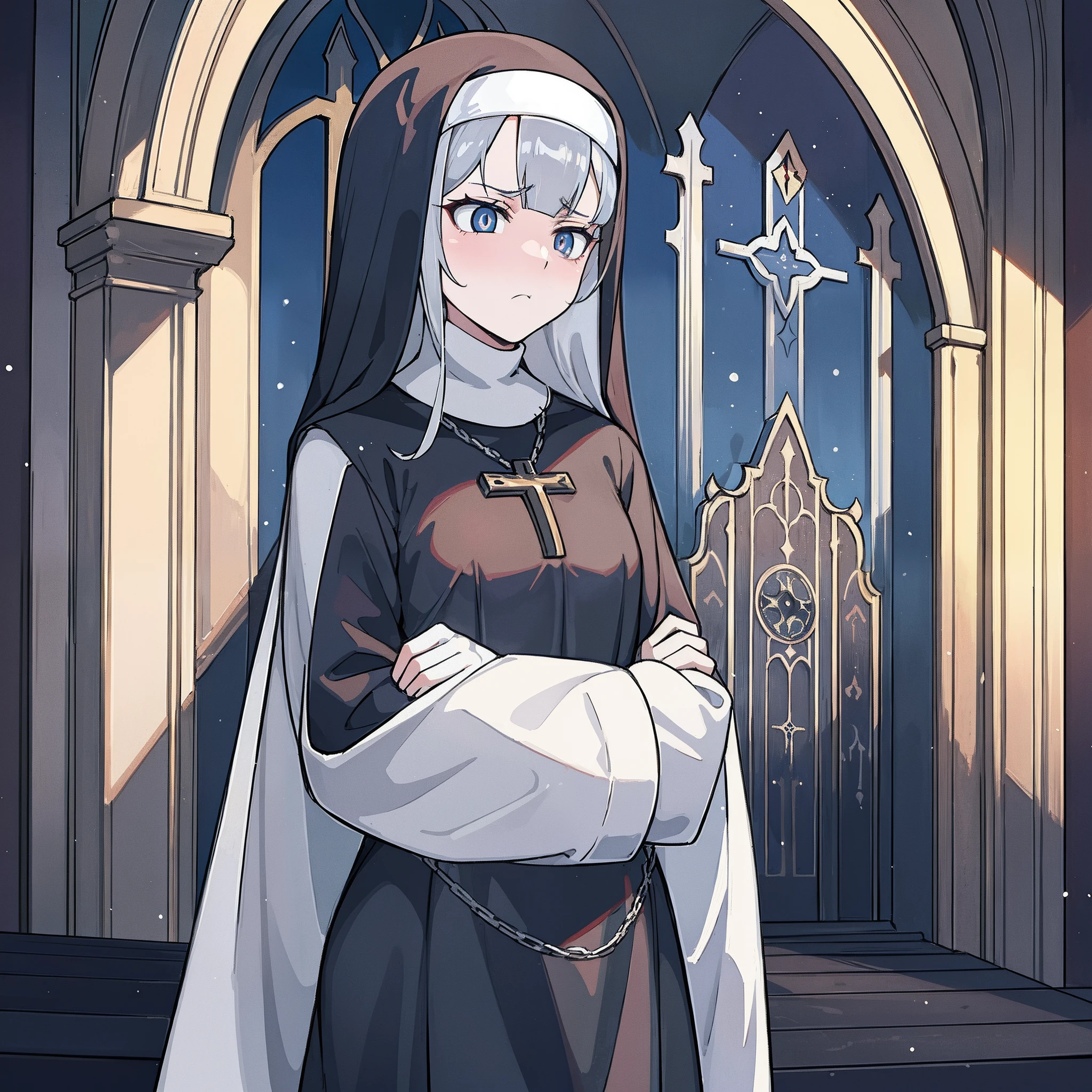 (One teenage nun girl) The Dark Mantle. A nun in a cassock. with a golden cross on the chest. Icy Eyes. snow-white hair, pale skin. gloomy indifferent face. anime face. Against the backdrop of a gloomy church hall in the dark.