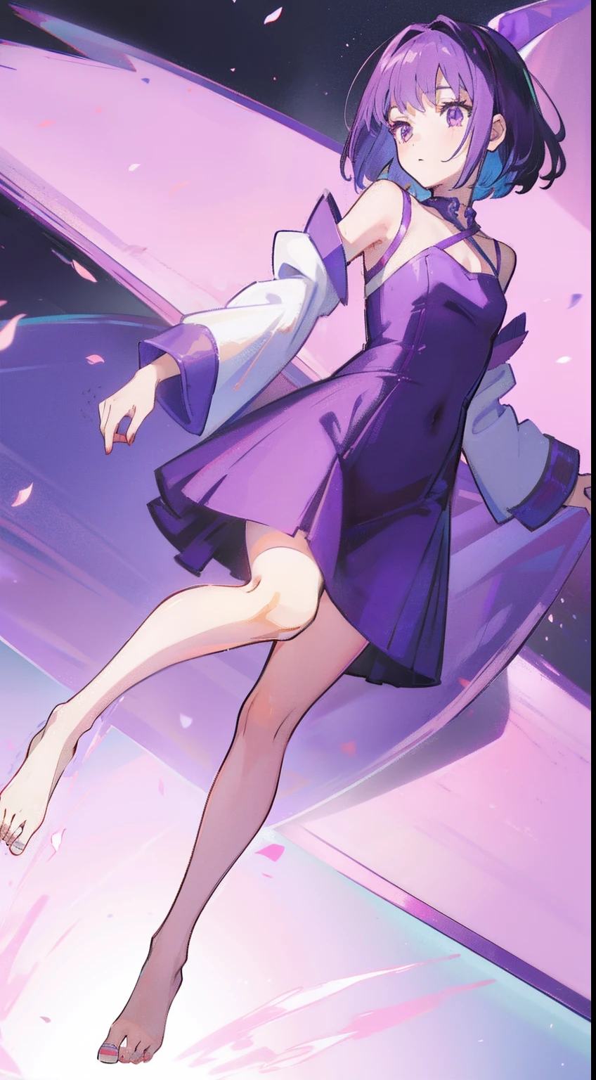 1girll，Anime character Su Tao，Short lilac hair，Purple dress，The barefoot，Foot details，nudegirl