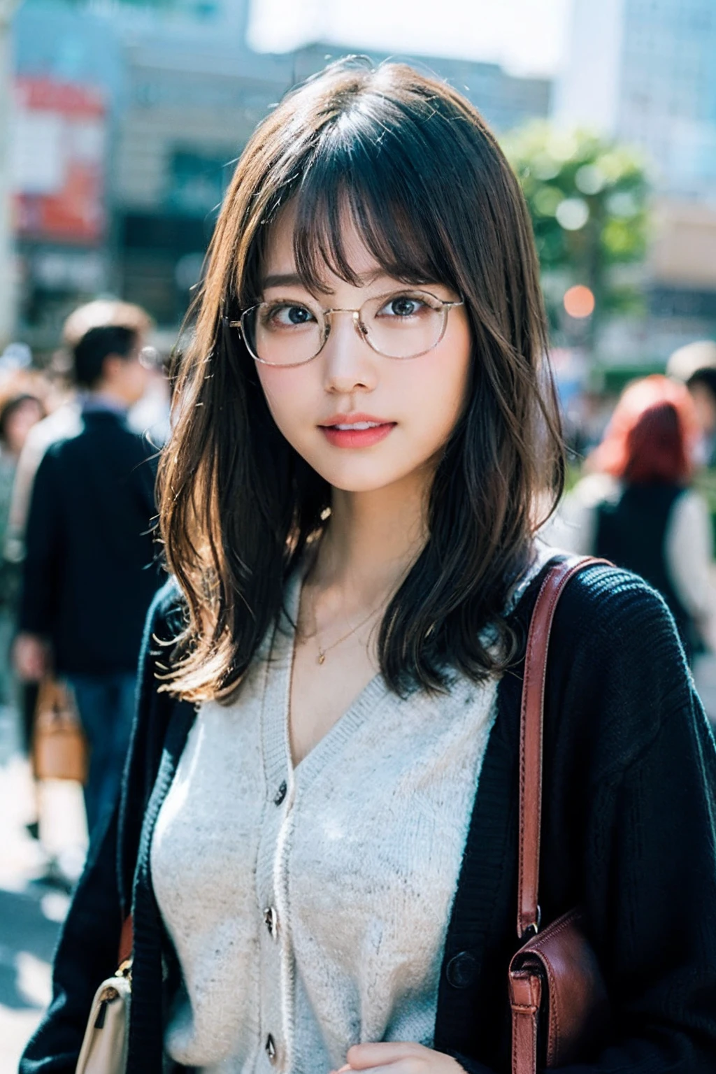 (8K、Raw photography、top-quality、masterpiece:1.2)、(realisitic、Photorealsitic:1.37)、ultra-detailliert、超A high resolution、女の子1人、see the beholder、beautifull detailed face、A smile with a little visible teeth、Constriction、(Slim waist) :1.3)、((Wearing a cardigan))、pastel clothing、Beautiful detailed skin、Skin Texture、Floating hair、((fluffy hairstyle))、large breasts with good shape、Professional Lighting、In front of the station at noon、((Black square glasses))、Whole human body、Black hair、((Have a small handbag))、Be aware of the viewer、